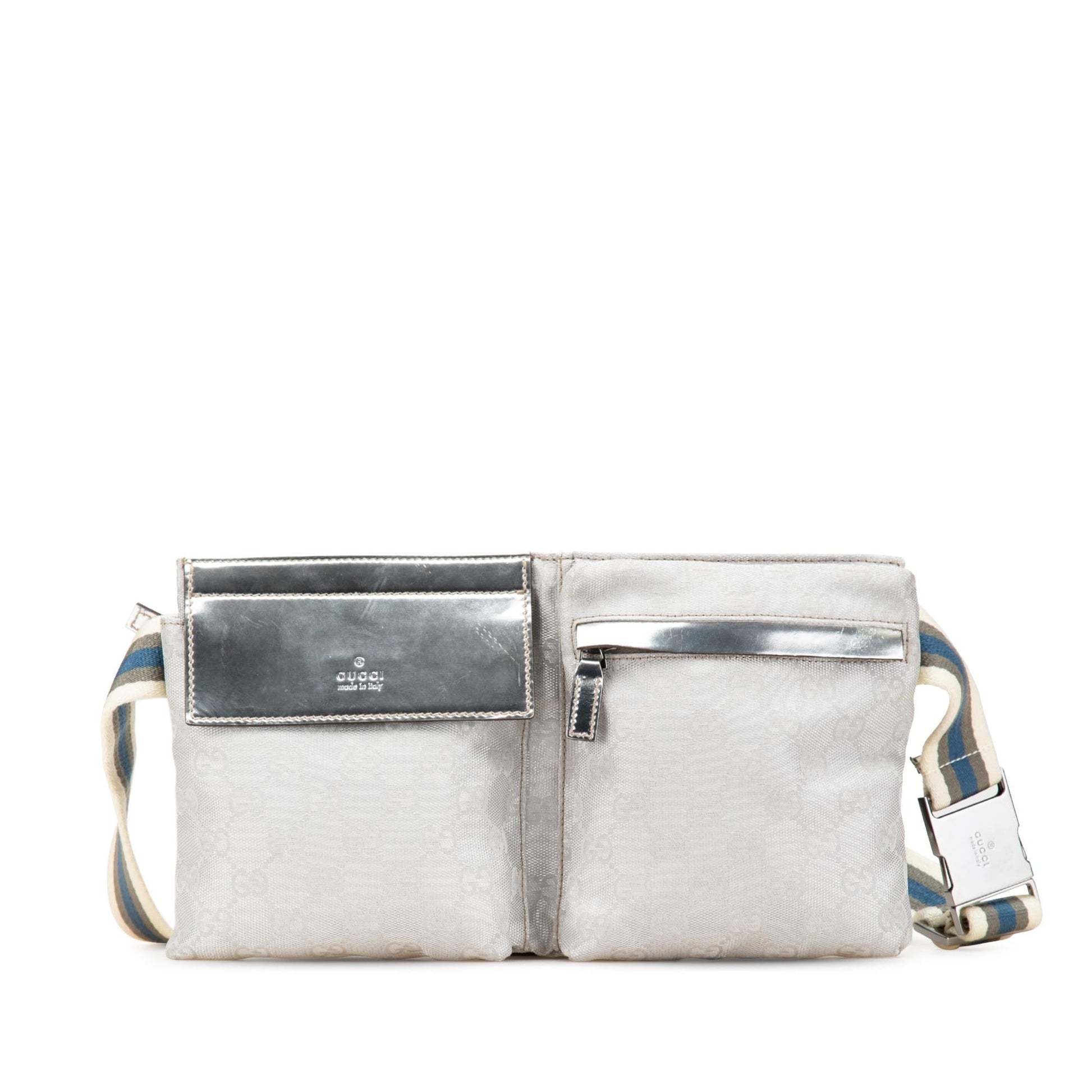 Gucci GG Web Double Pocket Belt Leather Canvas Patent Silver Accessory