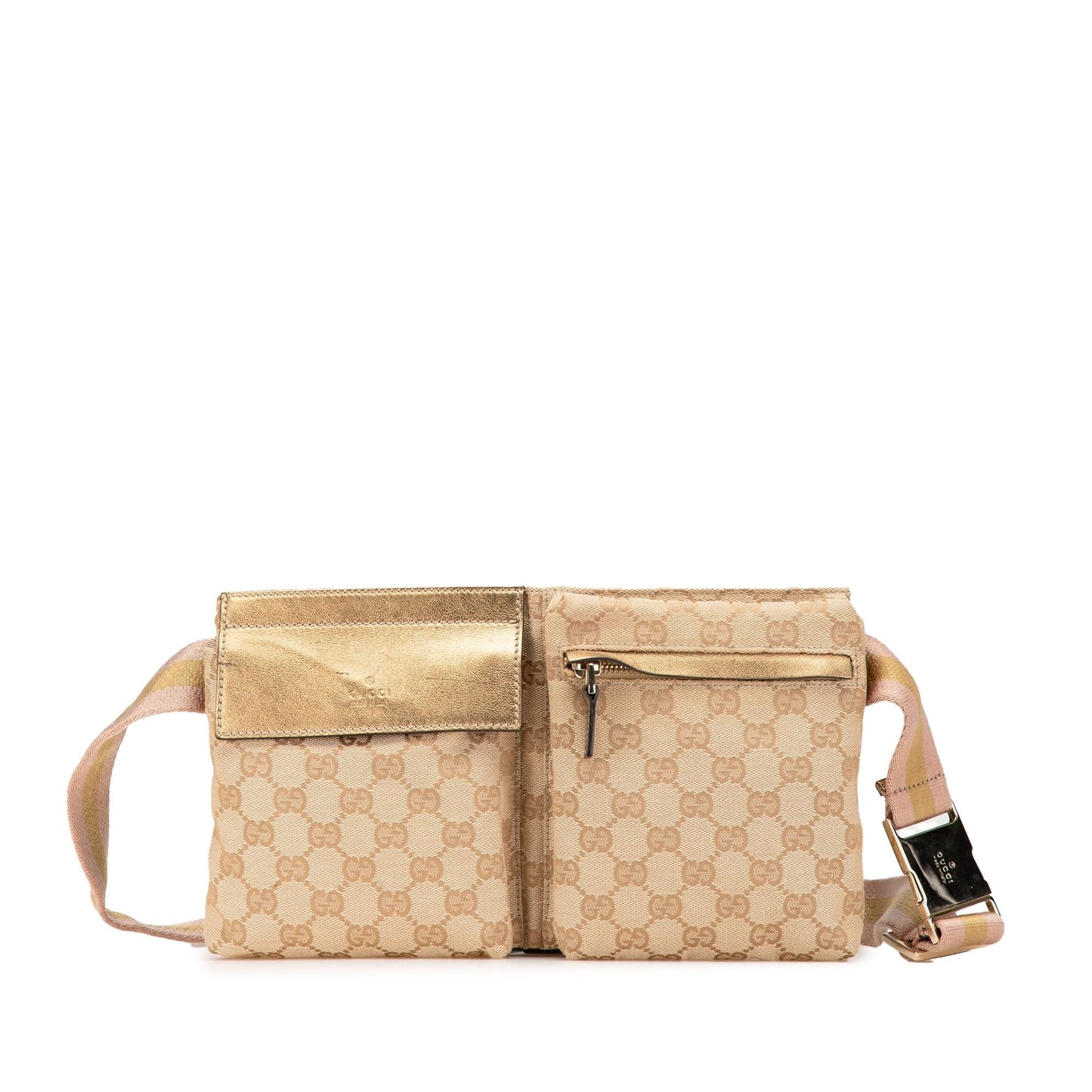 Gucci GG Web Double Pocket Belt Canvas Calf Brown Gold Accessory Bag 3