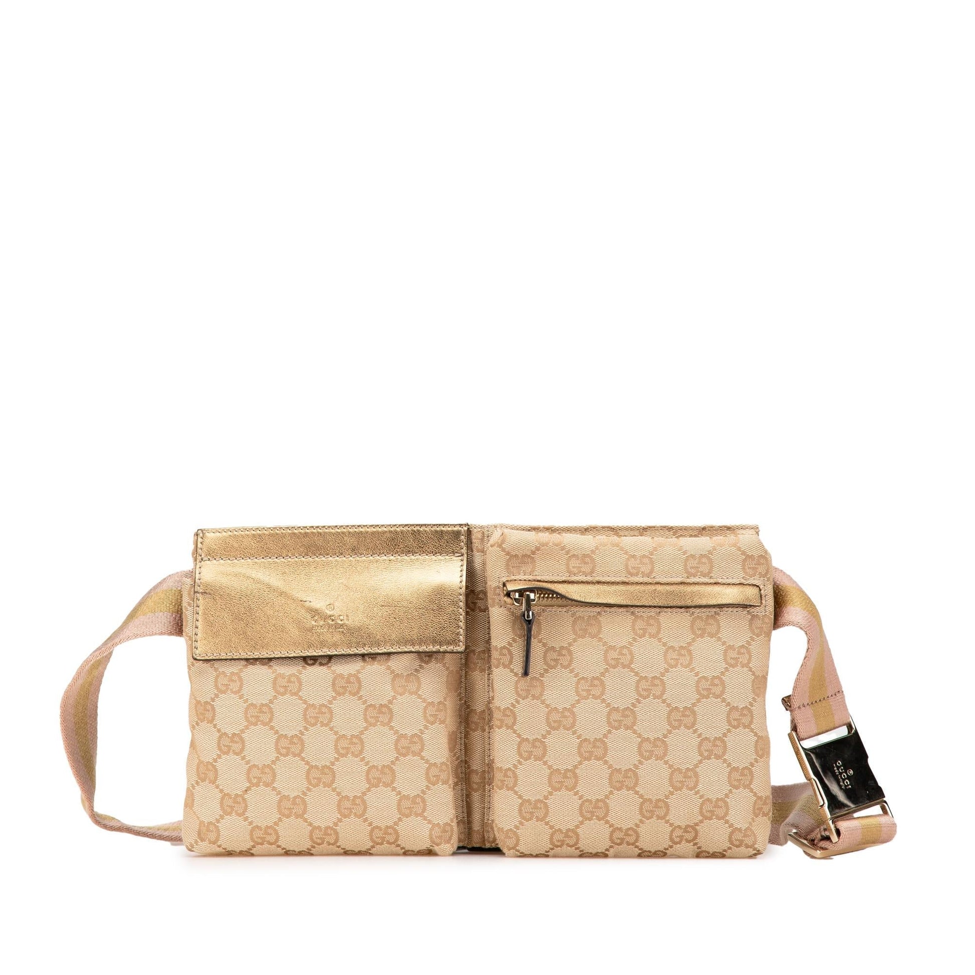 Gucci GG Web Double Pocket Belt Canvas Calf Brown Gold Accessory Bag 3