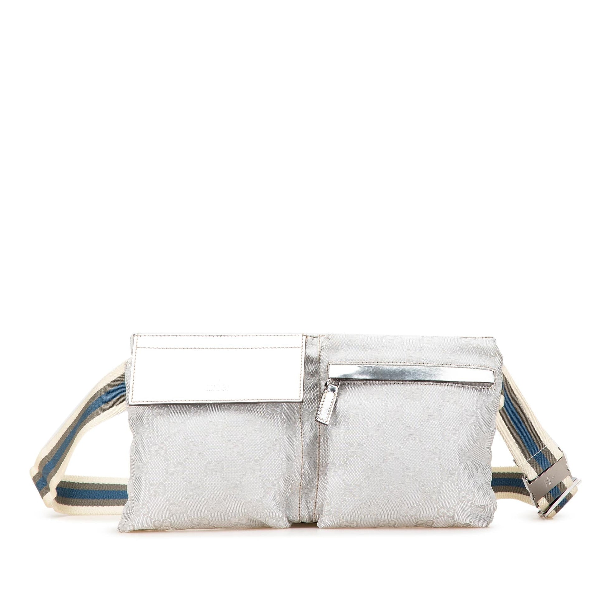 Gucci GG Web Double Pocket Belt Canvas Silver Accessory Bag 5
