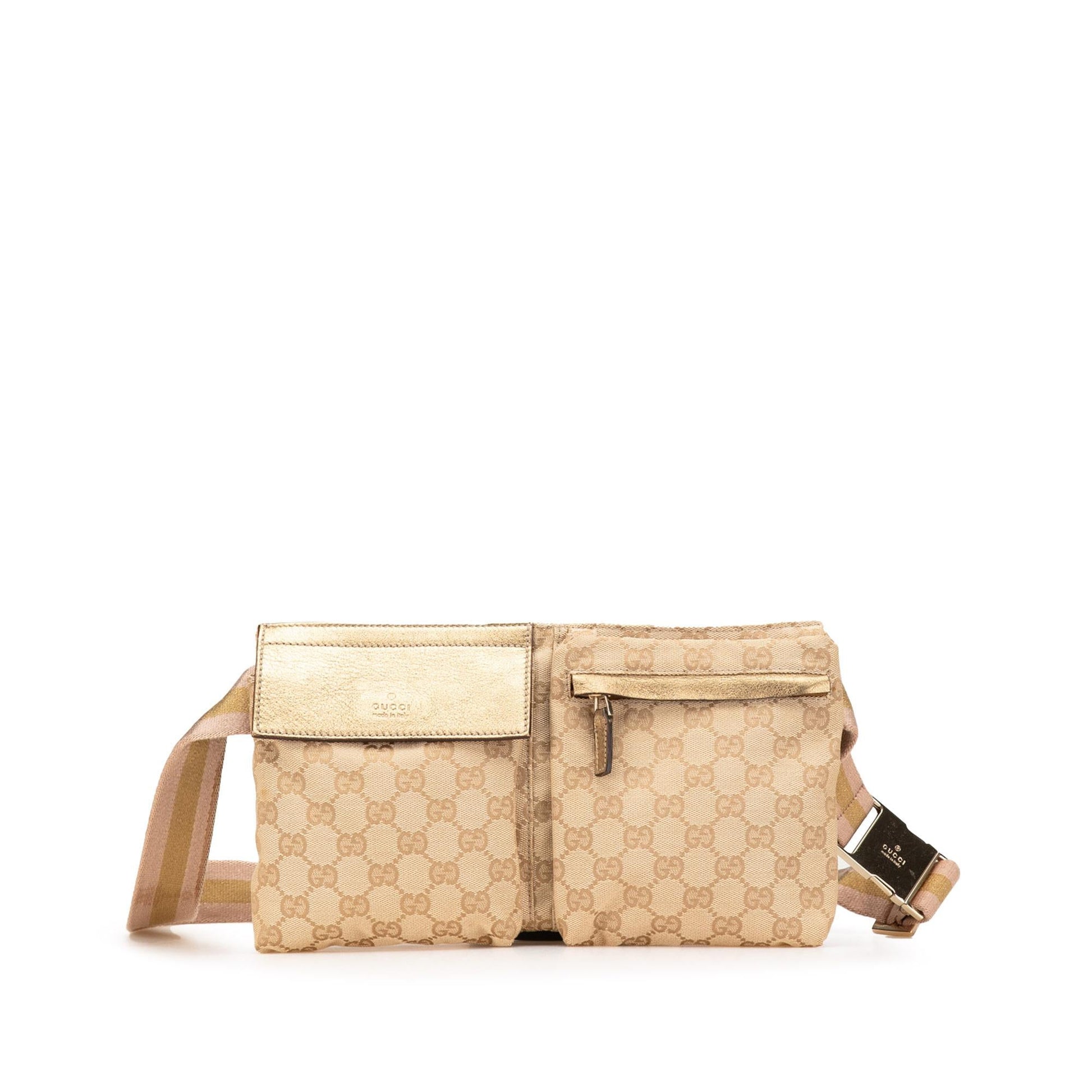 Gucci GG Web Double Pocket Belt Canvas Brown Accessory