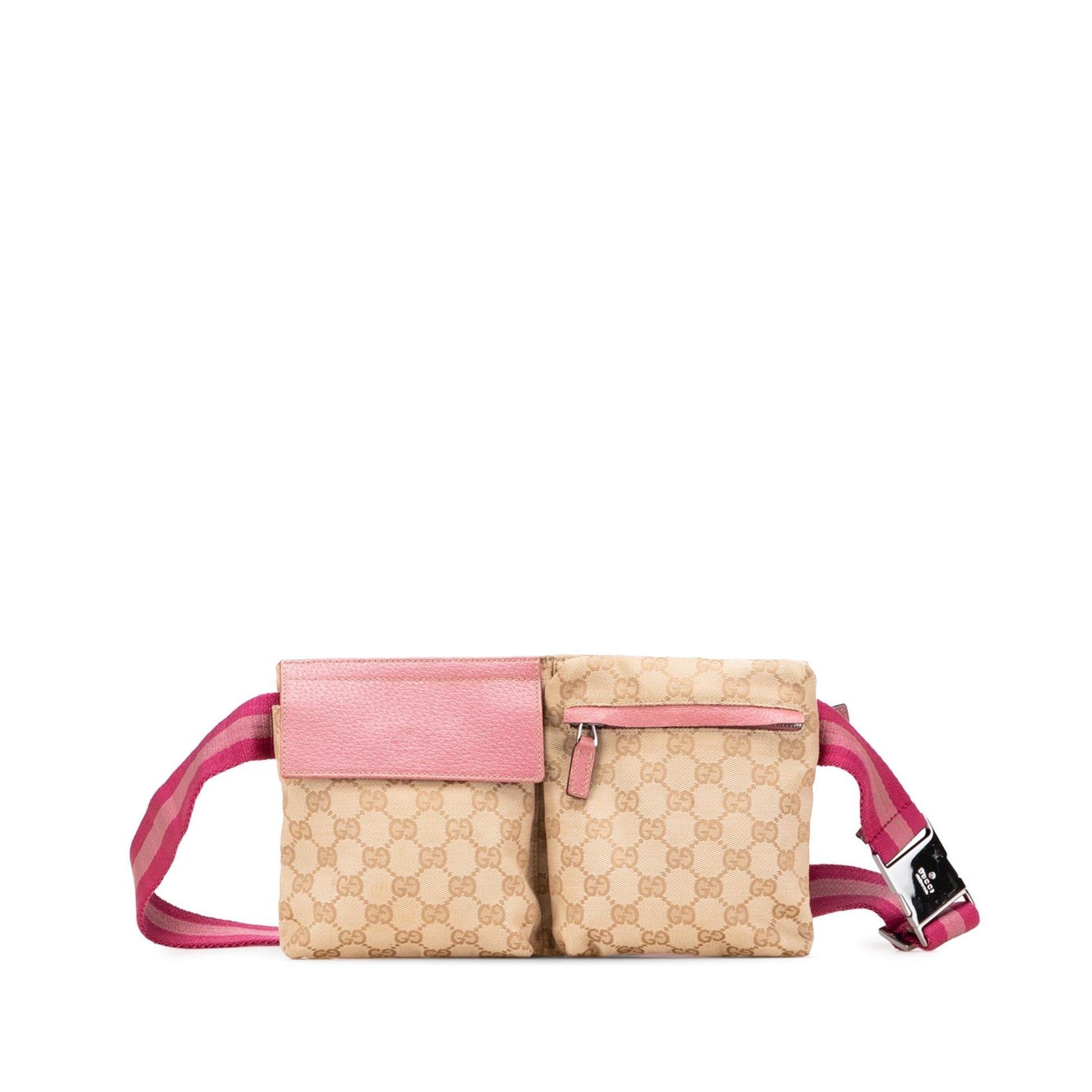Gucci GG Web Double Pocket Belt Canvas Calf Brown Pink Accessory