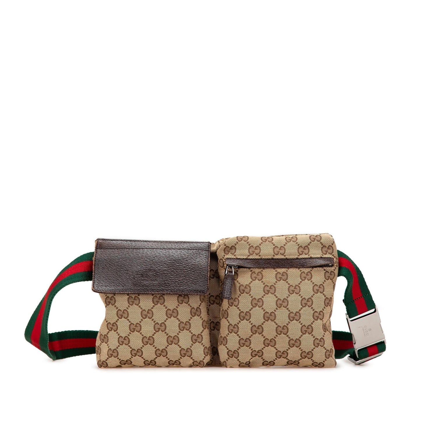 Gucci GG Web Double Pocket Belt Canvas Calf Brown Accessory Bag 12