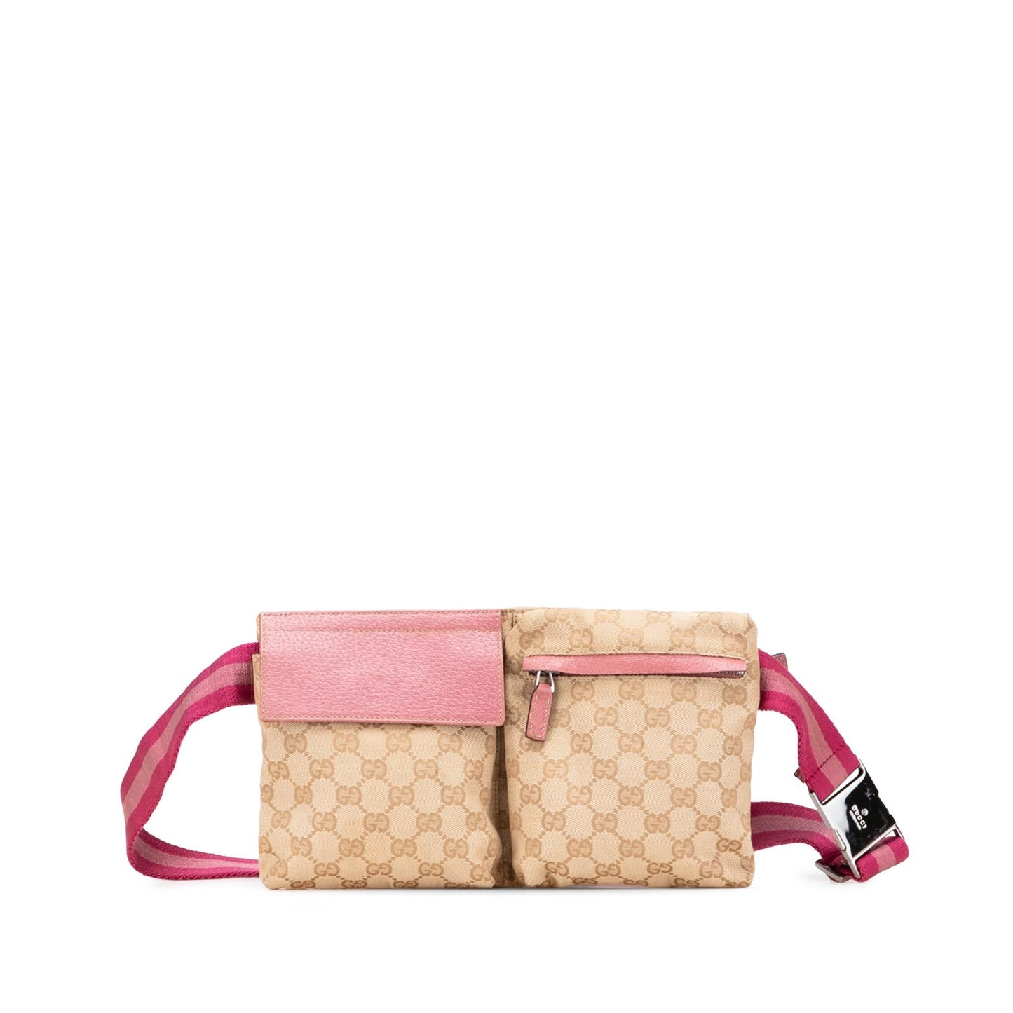 Gucci GG Web Double Pocket Belt Canvas Calf Brown Pink Accessory Bag 15