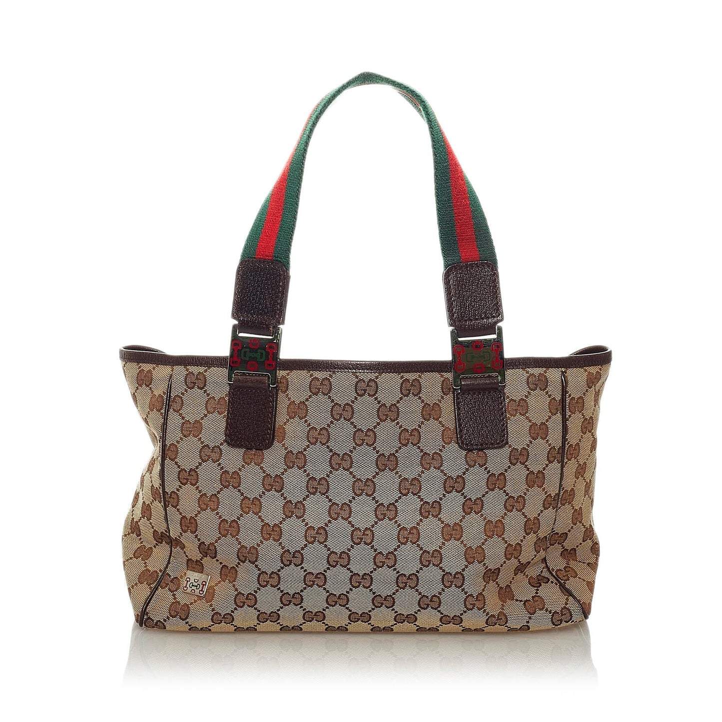 Gucci GG Web SHG Canvas Calf Brown Satchel Bag Handbag Shg