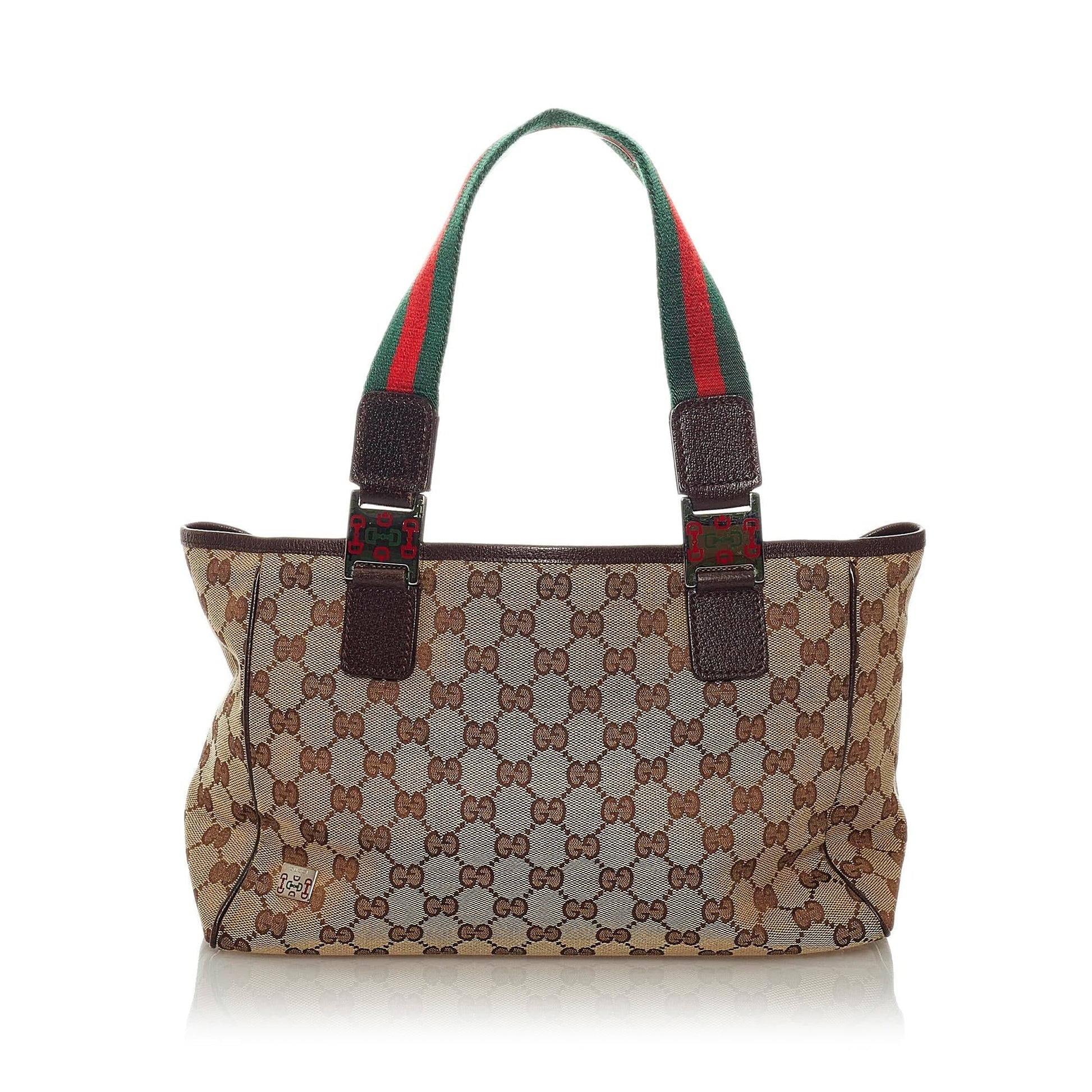 Gucci GG Web SHG Canvas Calf Brown Satchel Bag Handbag Shg