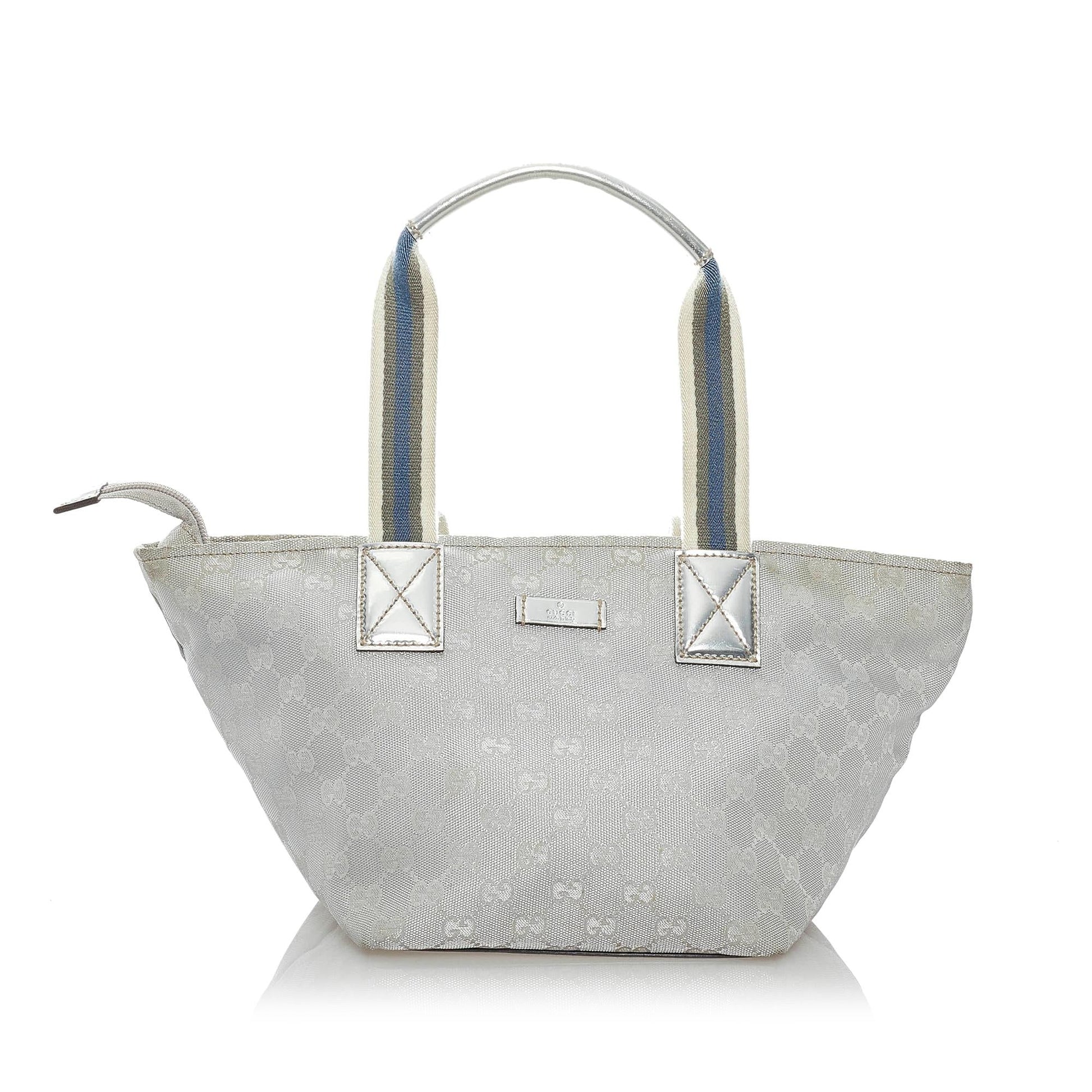 Gucci GG Web SHG Leather Canvas Patent Grey Satchel Bag
