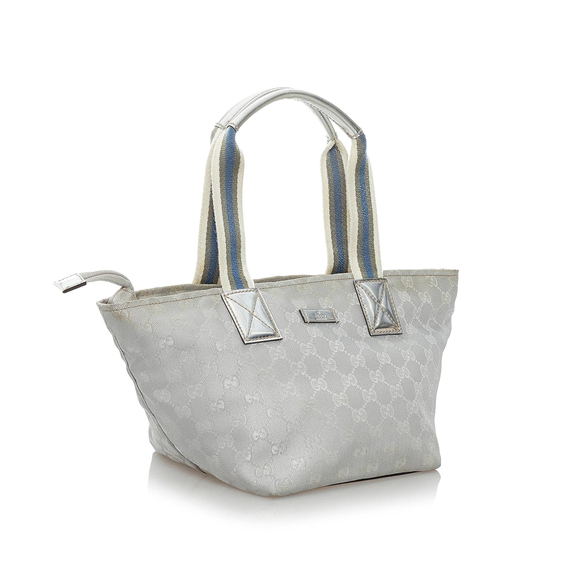 Gucci GG Web SHG Leather Canvas Patent Grey Satchel Bag