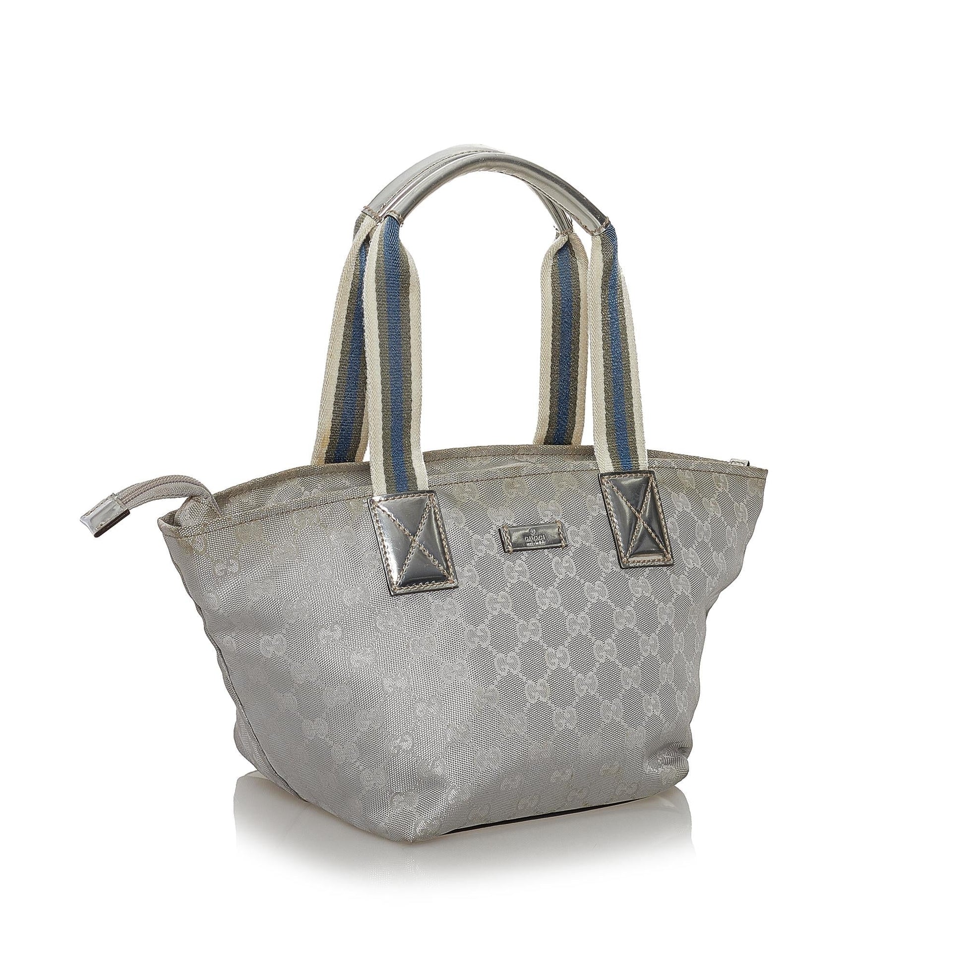 Gucci GG Web SHG Canvas Calf Silver Satchel Bag