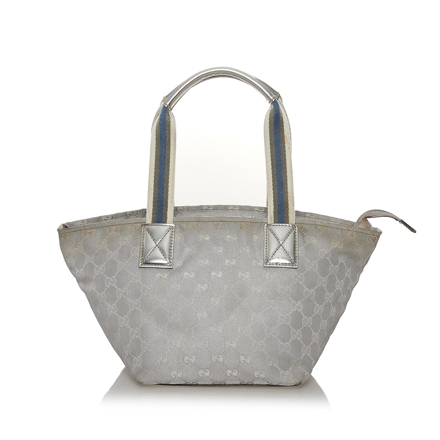 Gucci GG Web SHG Canvas Calf Silver Satchel Bag Handbag Shg