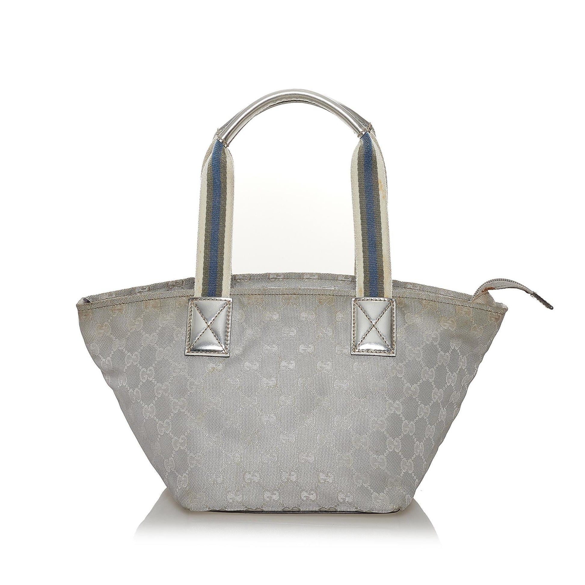 Gucci GG Web SHG Canvas Calf Silver Satchel Bag Handbag Shg