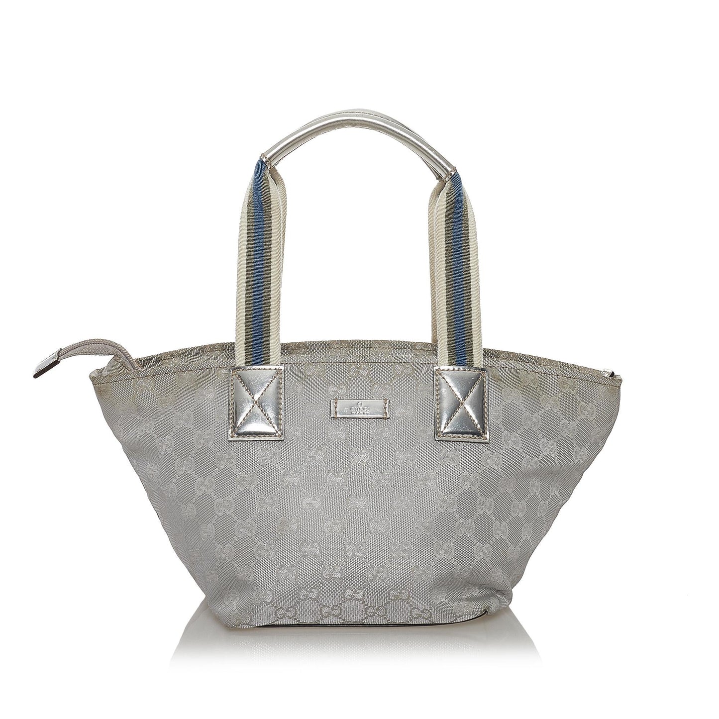 Gucci GG Web SHG Canvas Calf Silver Satchel Bag Handbag Shg