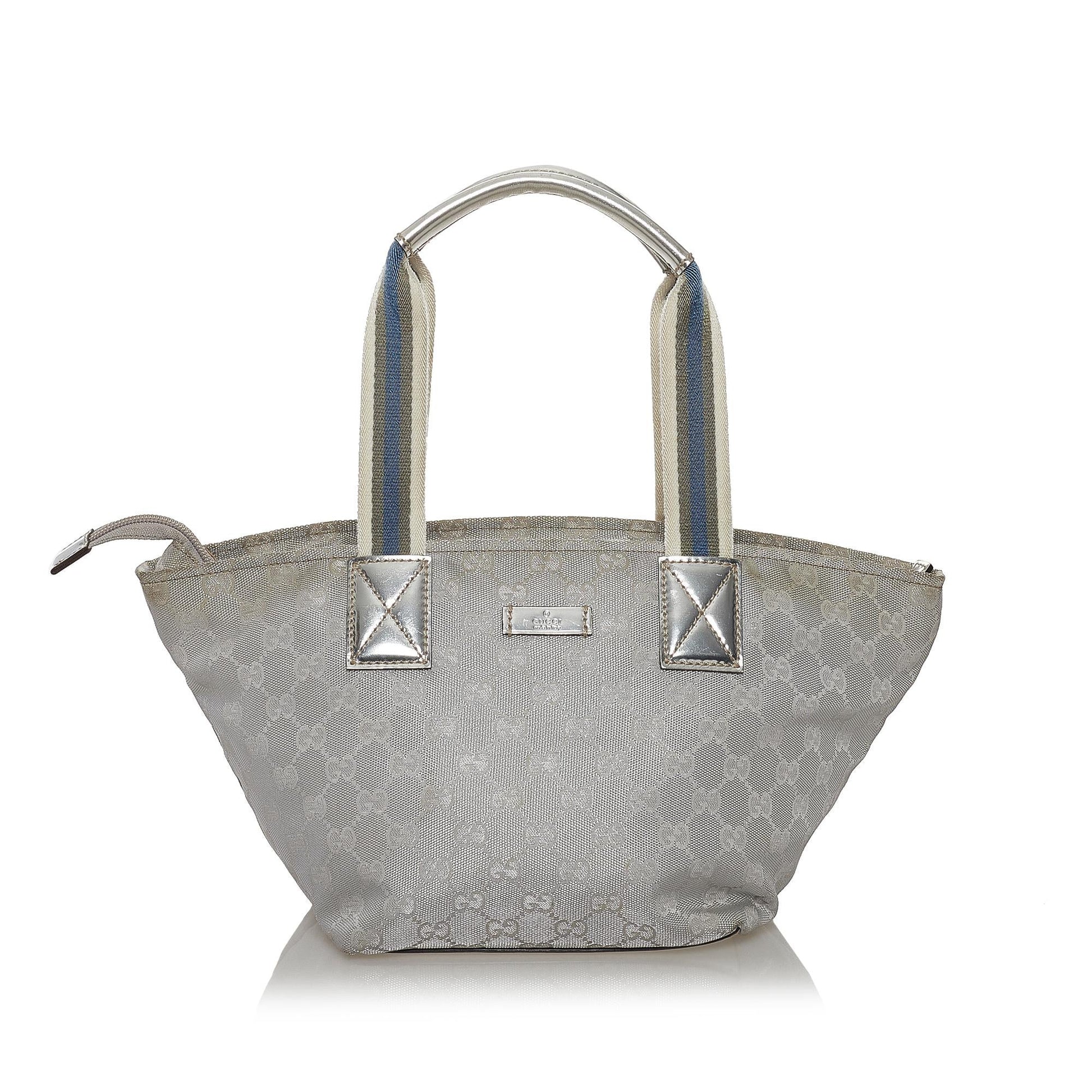 Gucci GG Web SHG Canvas Calf Silver Satchel Bag Handbag Shg