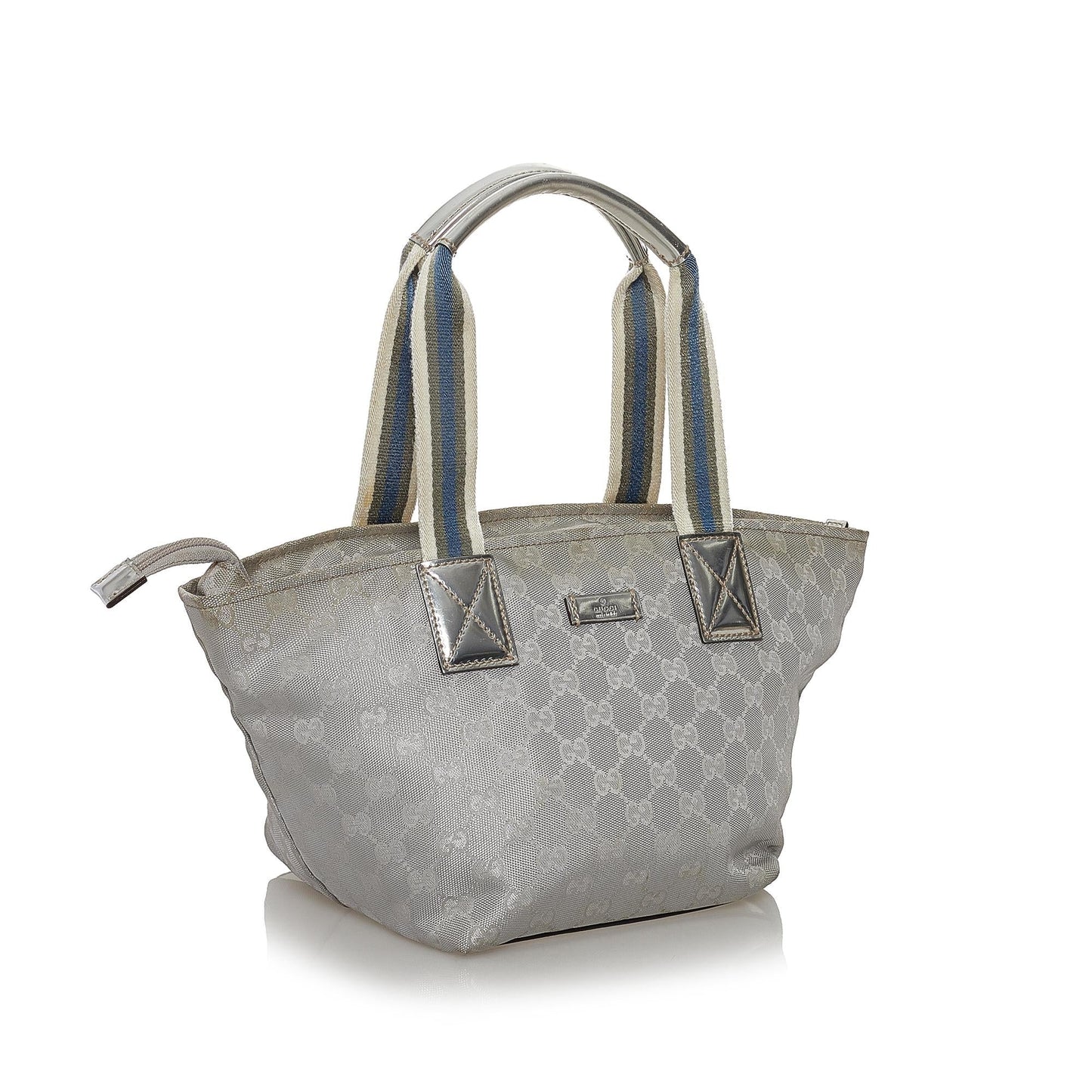 Gucci GG Web SHG Canvas Calf Silver Satchel Bag Handbag Shg
