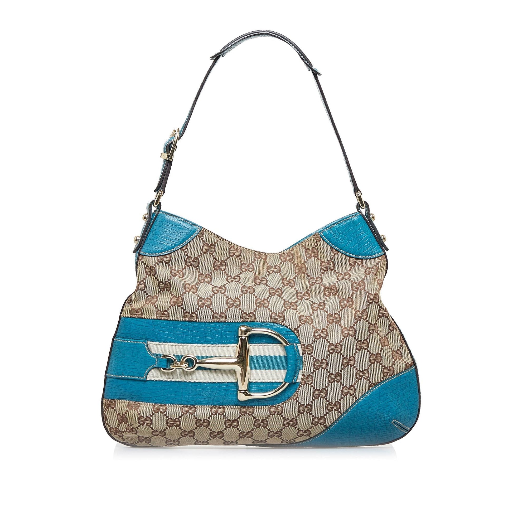 Gucci GG Web Hasler SHG-Q4GPEA Canvas Calf Brown Blue Shoulder Bag