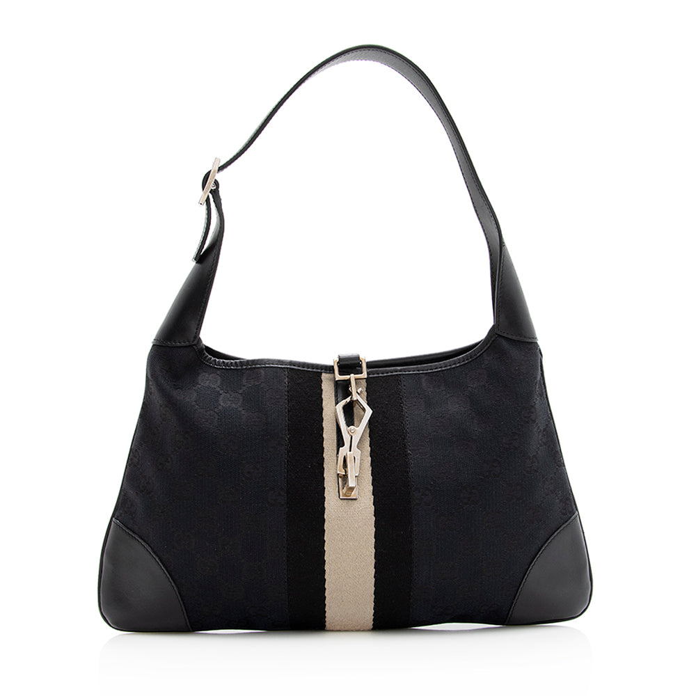 Gucci GG Web Jackie SHF Leather Canvas Nylon Black Shoulder Bag