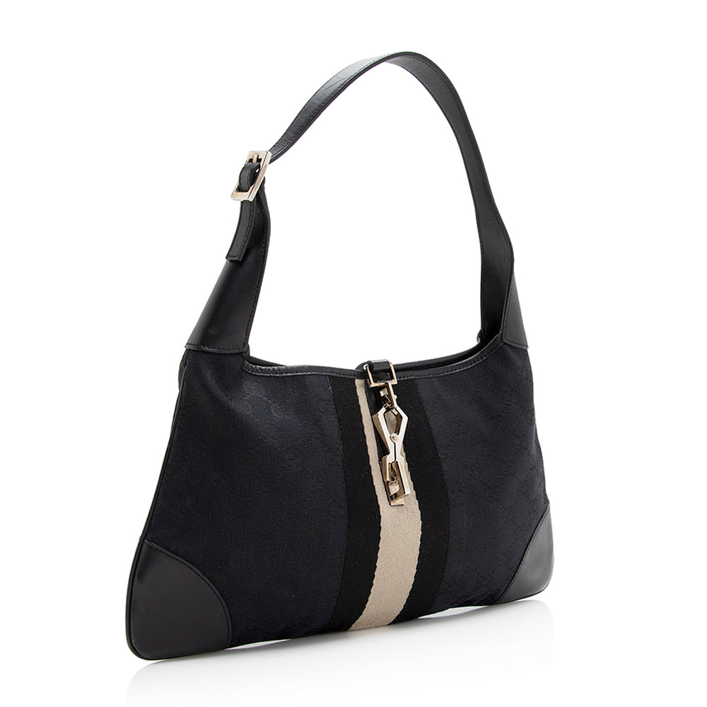 Gucci GG Web Jackie SHF Leather Canvas Nylon Black Shoulder Bag
