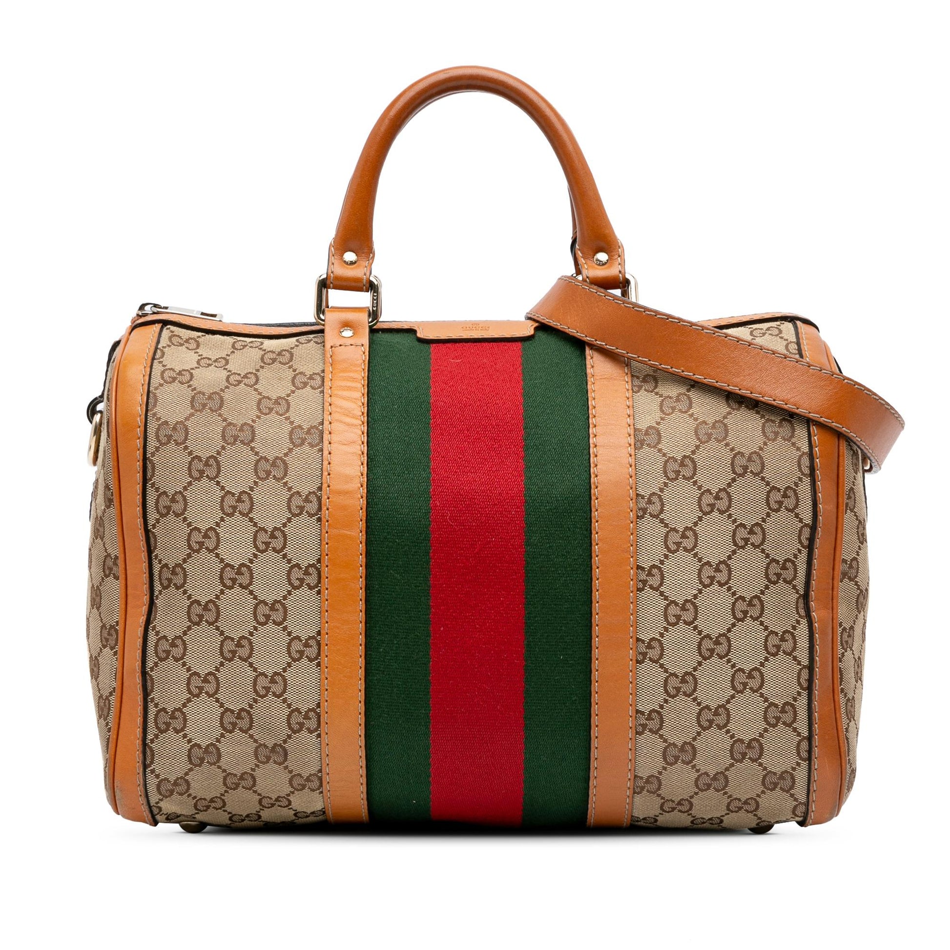 Gucci GG Web Joy Boston Canvas Calf Brown Orange Satchel Bag