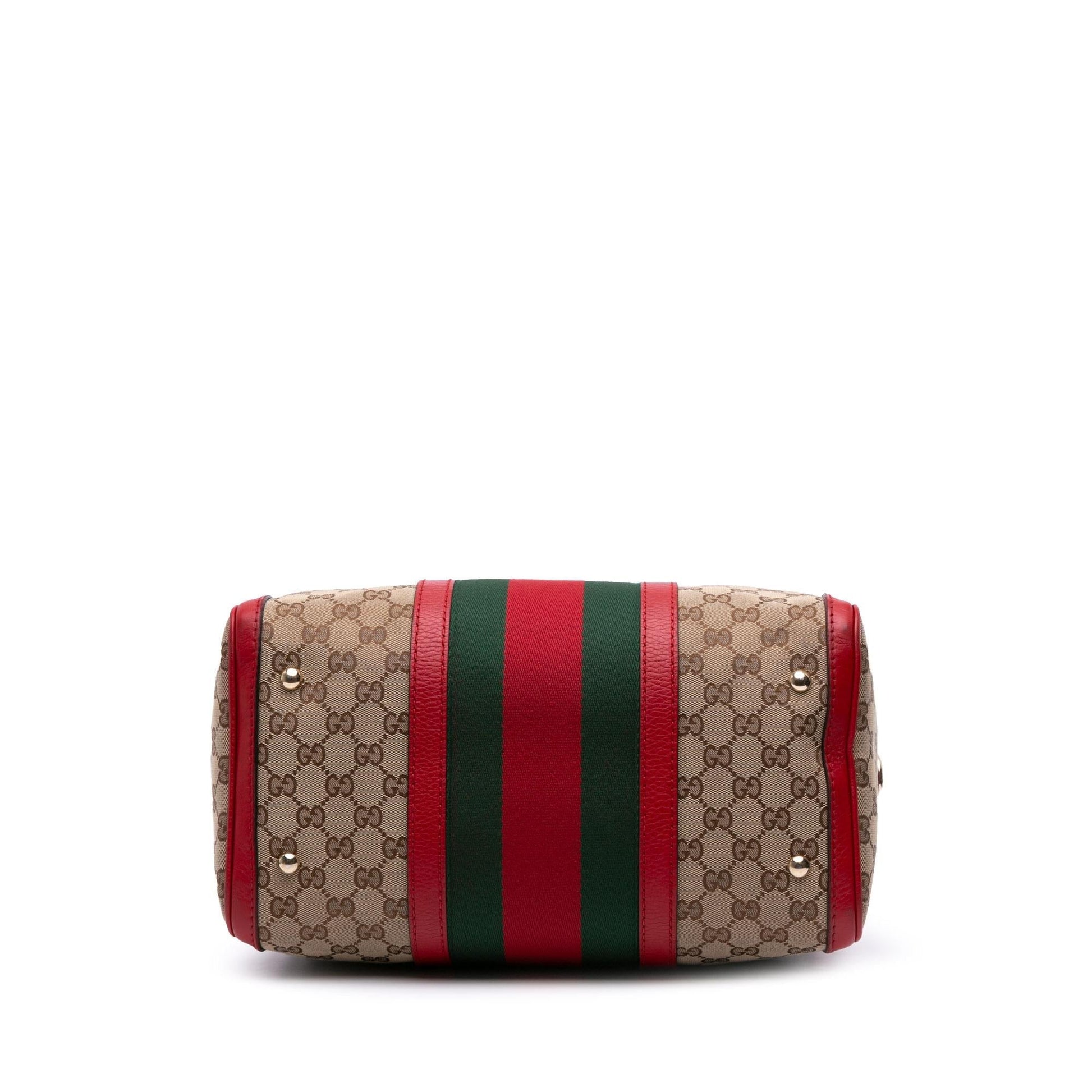 Gucci GG Web Joy Boston Canvas Calf Brown Red Satchel Bag