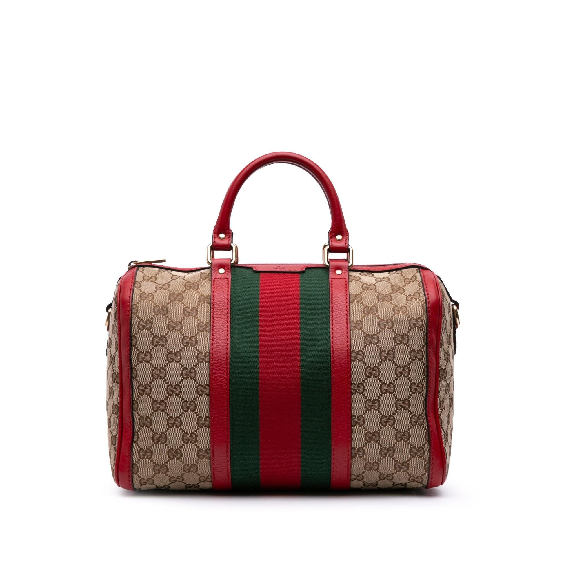 Gucci GG Web Joy Boston Canvas Calf Brown Red Satchel Bag