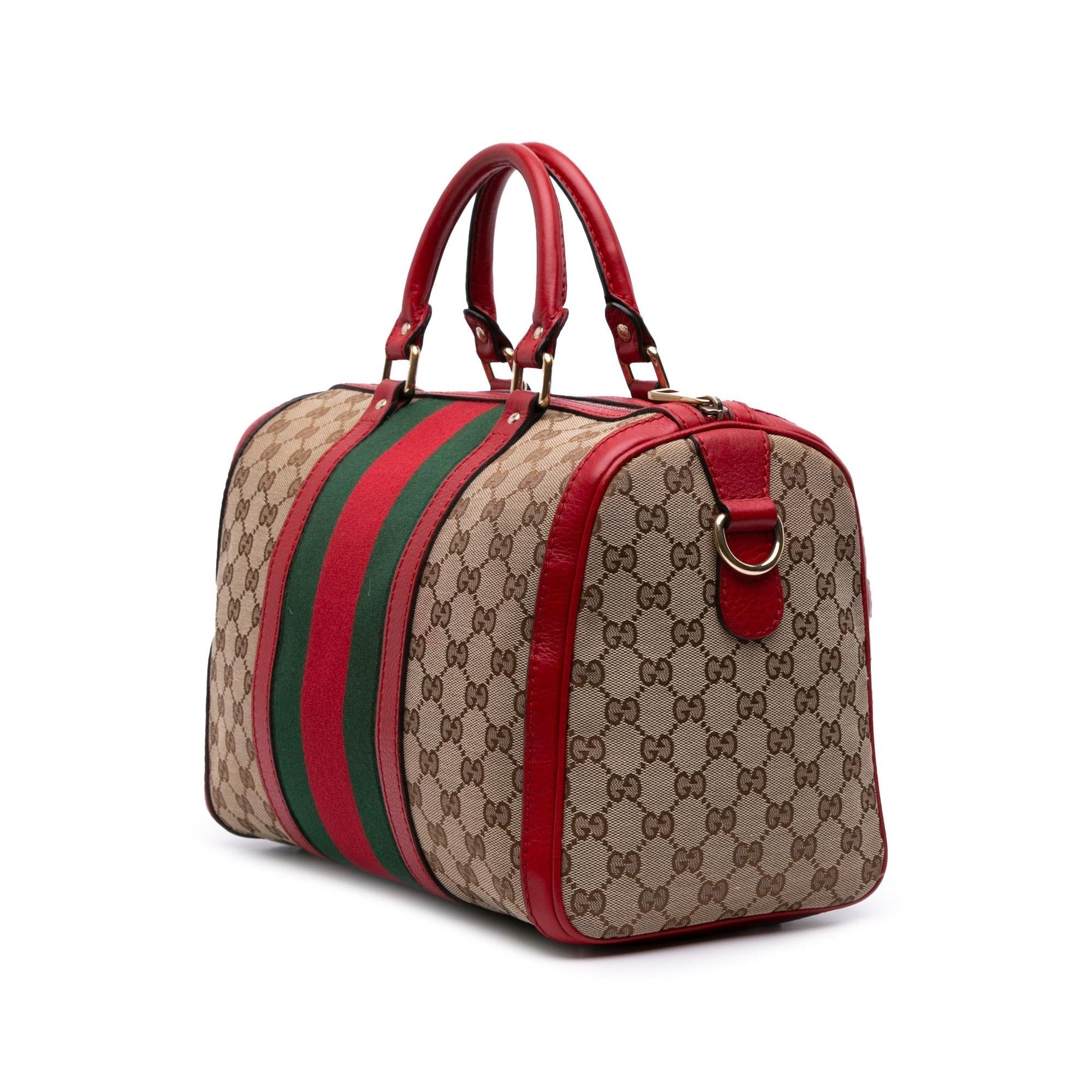 Gucci GG Web Joy Boston Canvas Calf Brown Red Satchel Bag