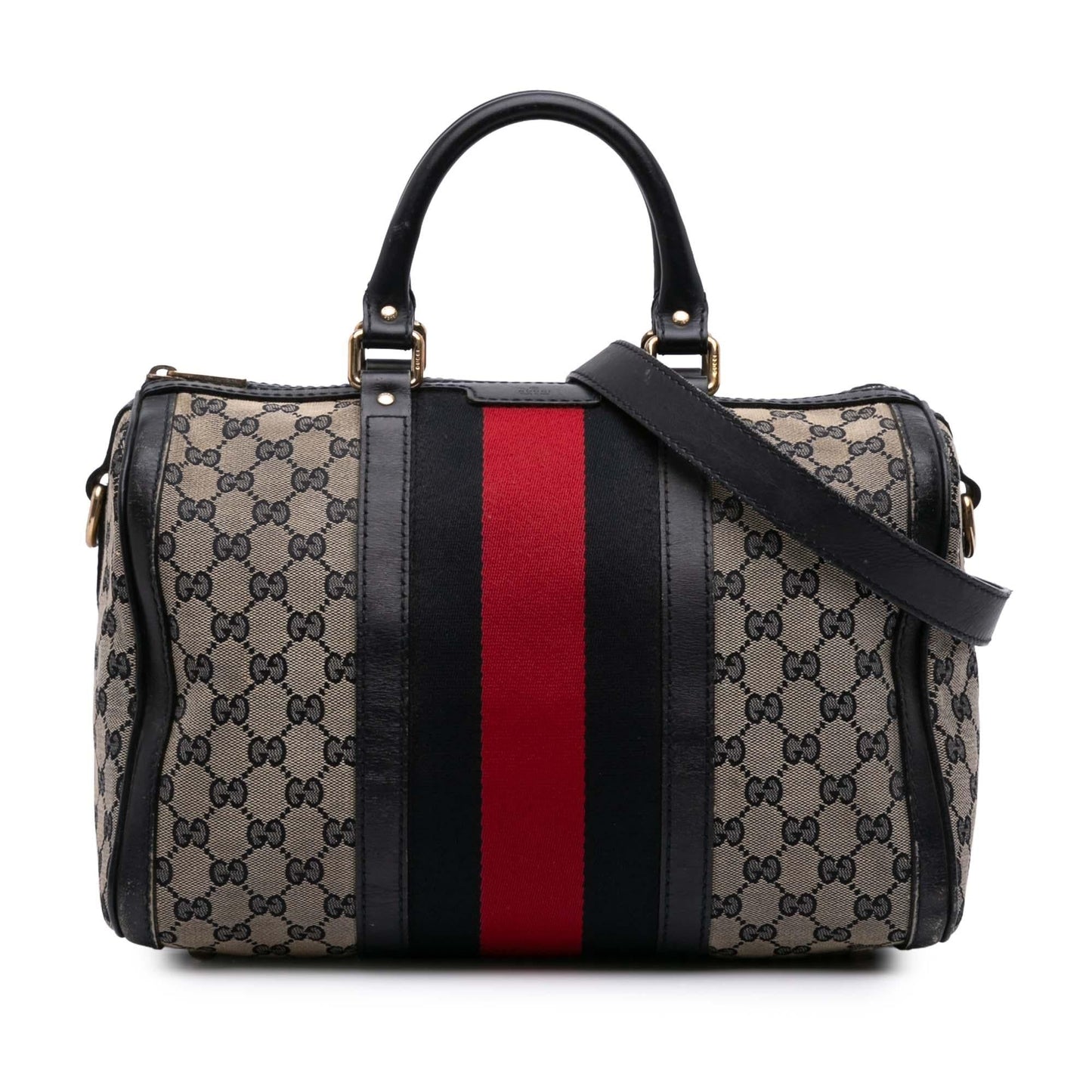 Gucci GG Web Joy Boston Canvas Calf Black Brown Satchel Bag