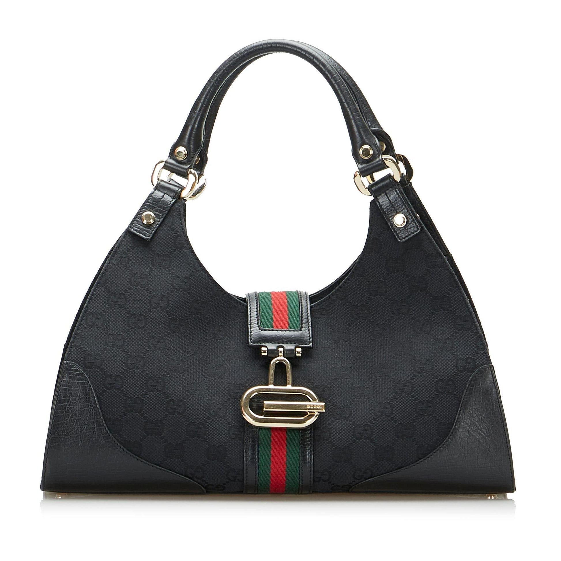 Gucci GG Web Junco SHG-DbmsQf Canvas Black Satchel Bag