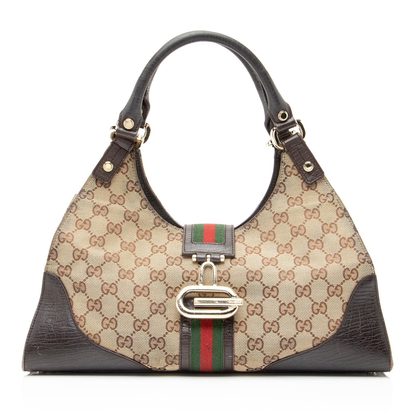 Gucci GG Web Junco SHF Leather Canvas Nylon Brown Shoulder Bag