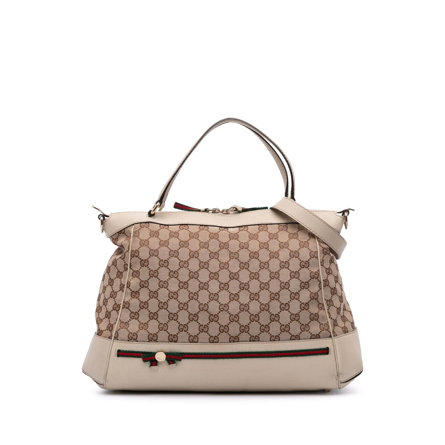 Gucci GG Web Mayfair Canvas Calf White Brown Satchel Bag