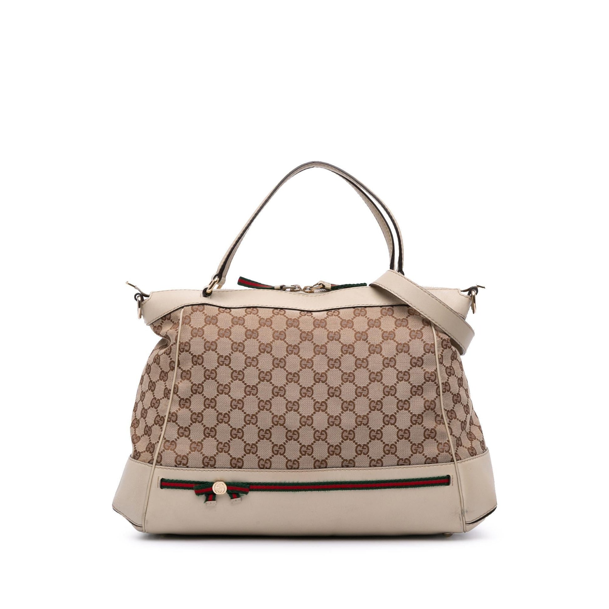 Gucci GG Web Mayfair Canvas Calf White Brown Satchel Bag