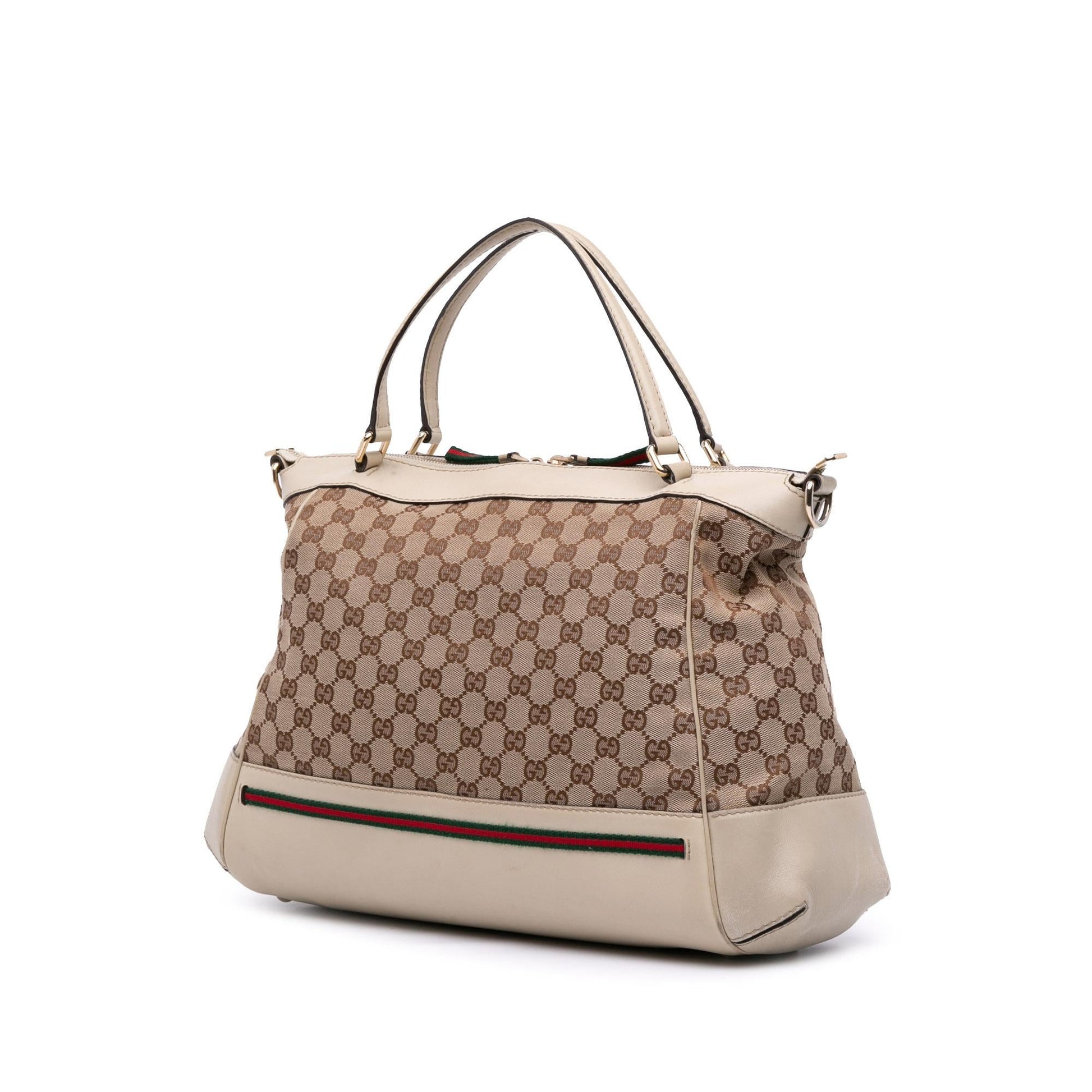 Gucci GG Web Mayfair Canvas Calf White Brown Satchel Bag