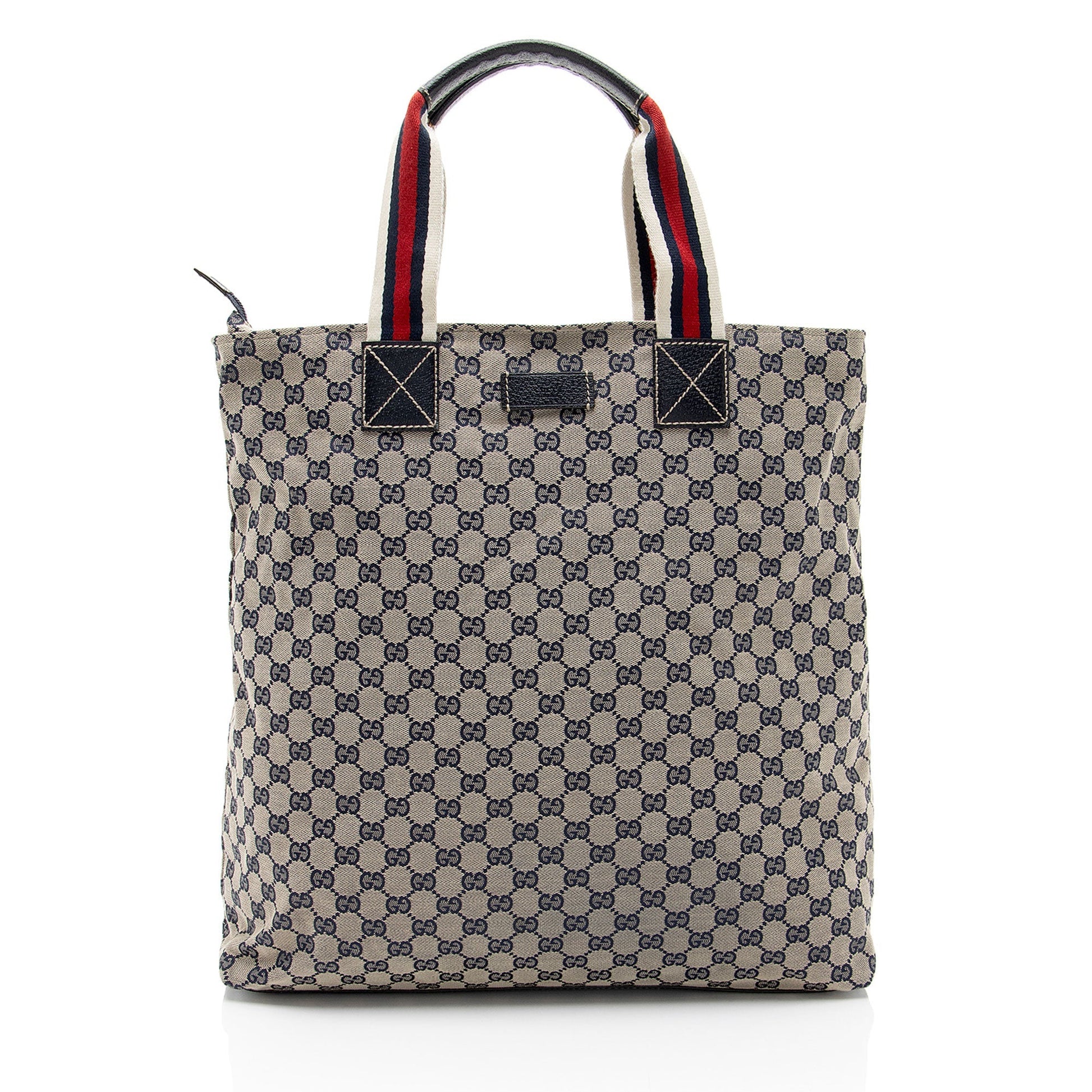 Gucci GG Web N S Leather Canvas Nylon Brown Tote Bag