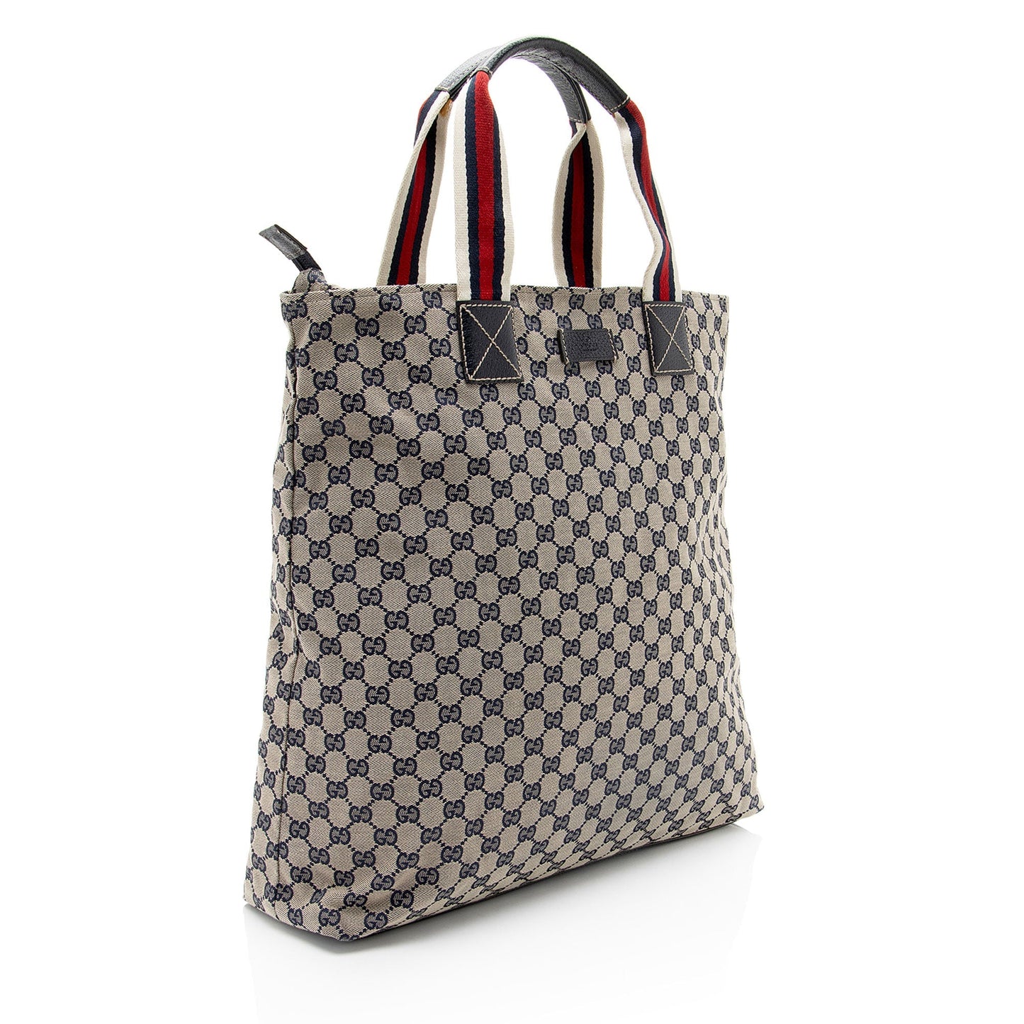 Gucci GG Web N S Leather Canvas Nylon Brown Tote Bag