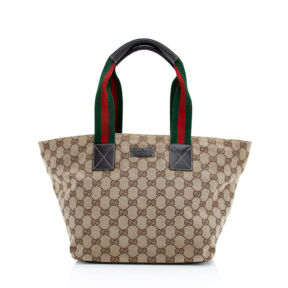 Gucci GG Web SHF Leather Canvas Brown Beige Tote Bag
