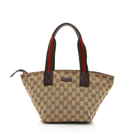 Gucci GG Web Leather Canvas Nylon Brown Tote Bag