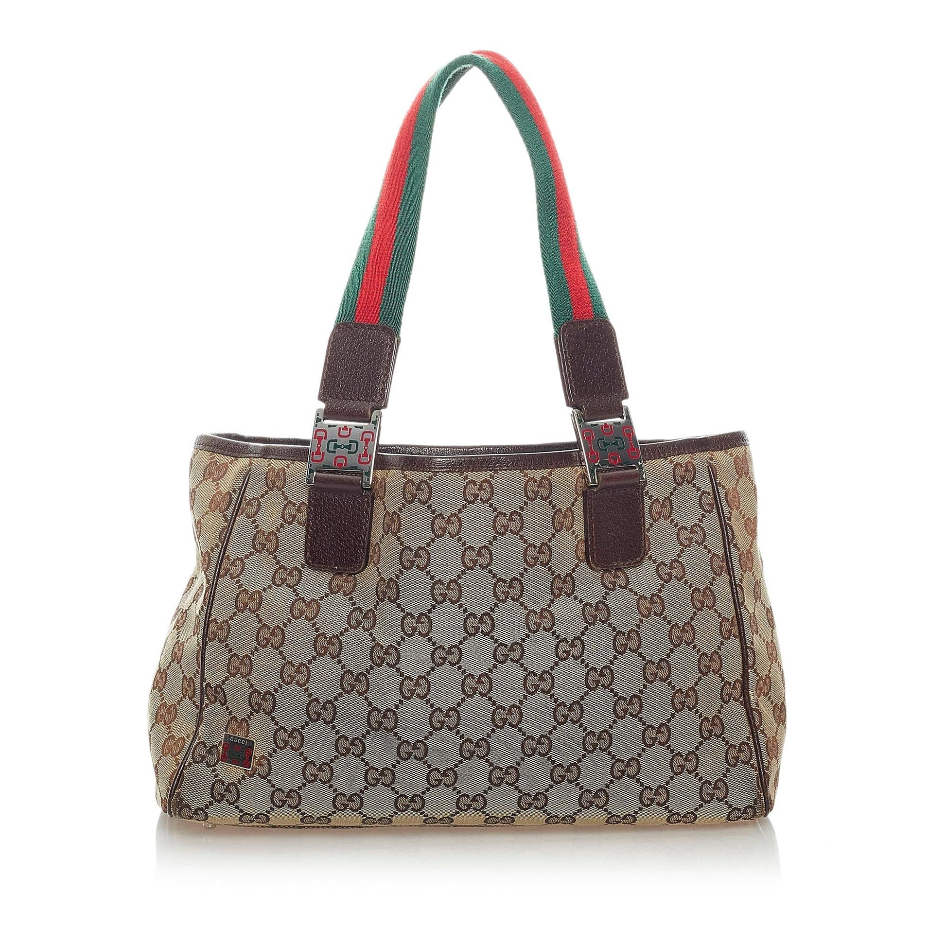 Gucci GG Web SHG Canvas Calf Brown Tote Bag
