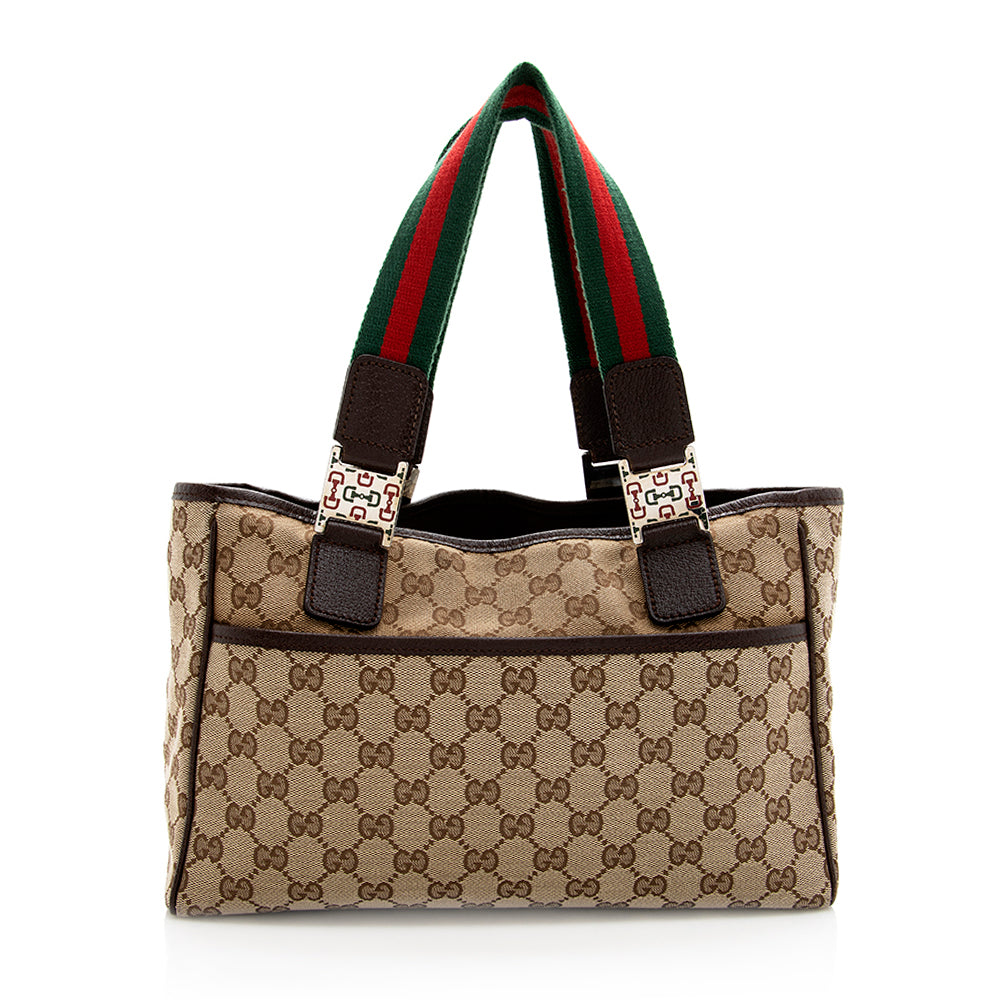 Gucci GG Web SHF Leather Canvas Brown Beige Tote Bag Tote Shf