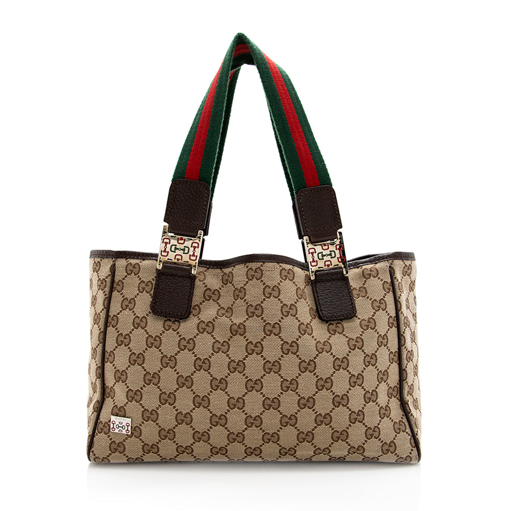 Gucci GG Web SHF Leather Canvas Brown Beige Tote Bag Tote Shf
