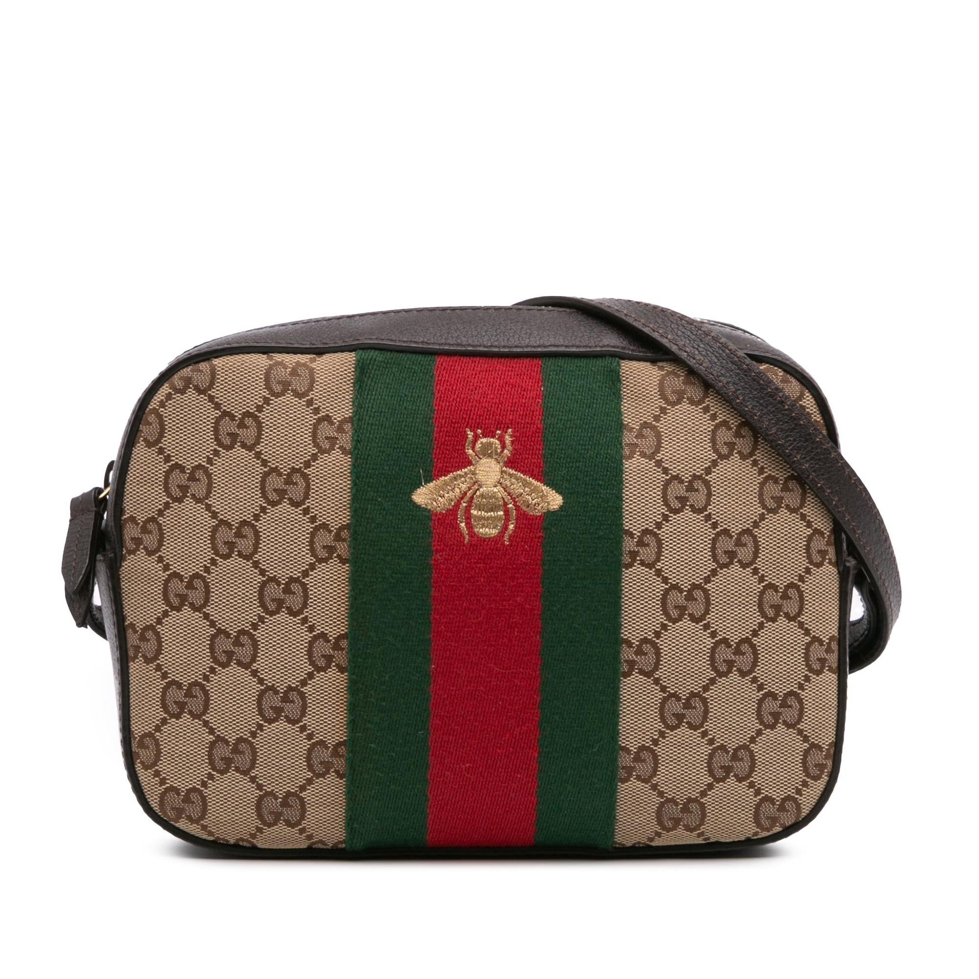 Gucci GG Webby Bee Camera Canvas Calf Brown Crossbody Bag