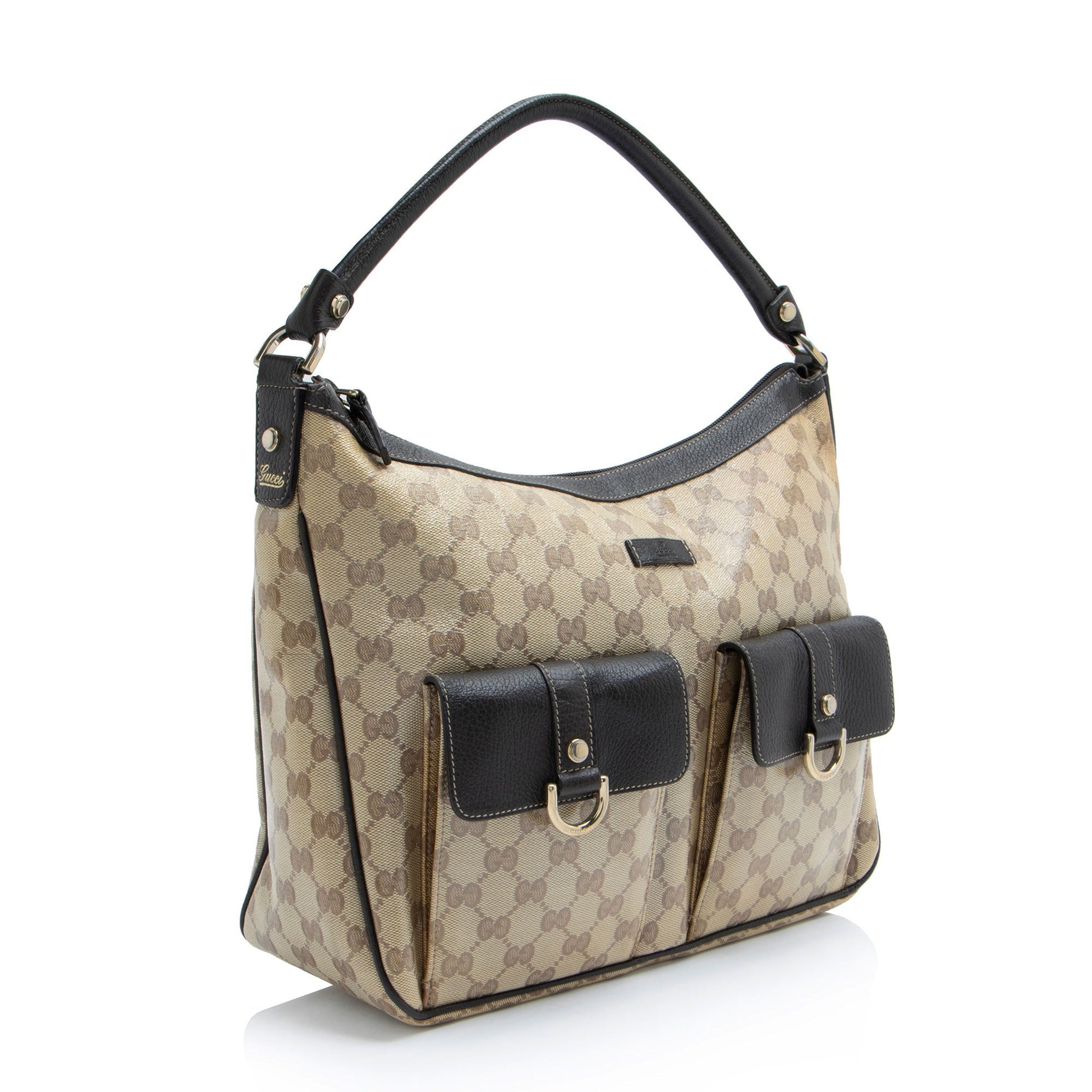 Gucci GG Crystal Abbey Pocket Leather Canvas Brown Shoulder Bag