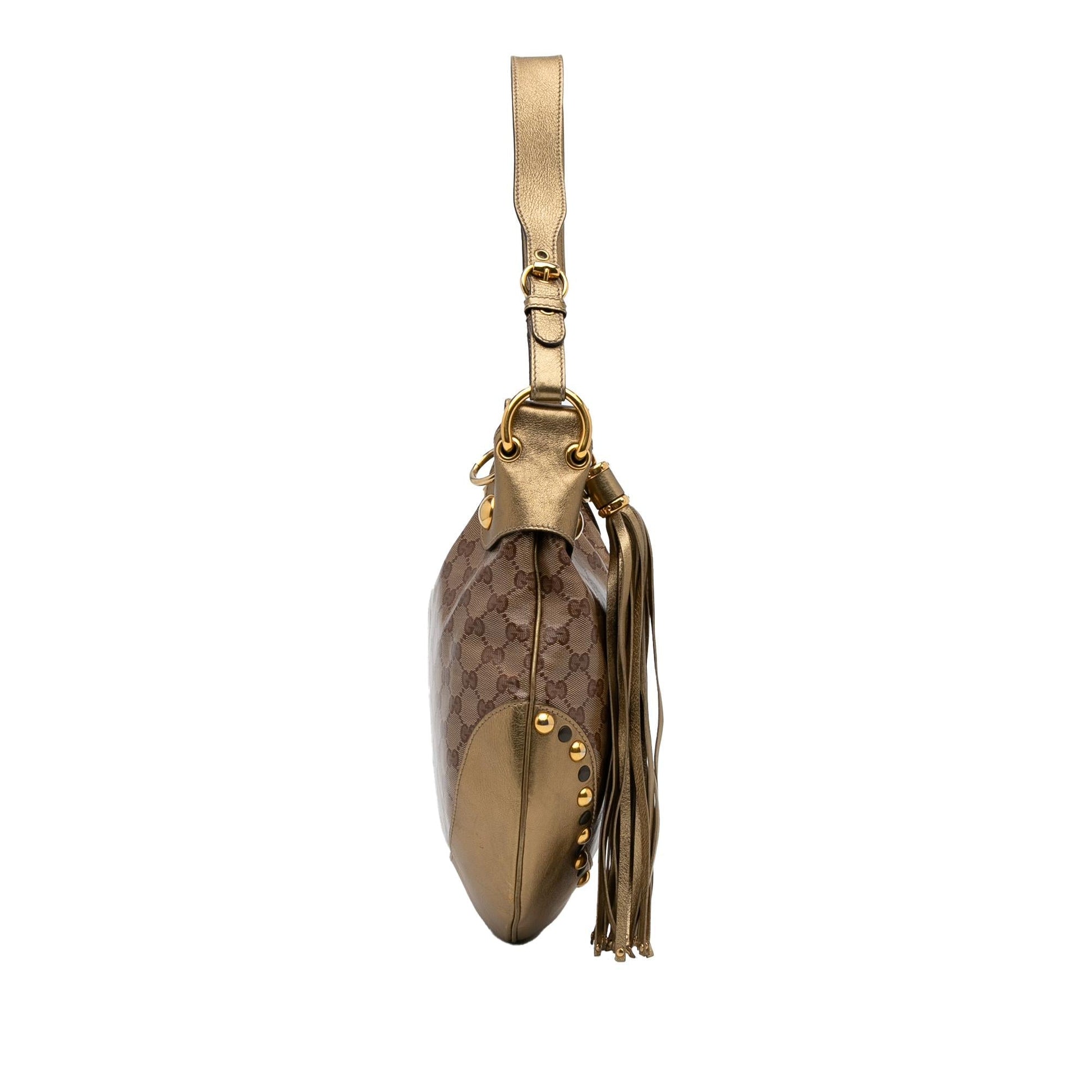 Gucci GG Crystal Babouska Heart SHG-cylFYH Canvas Calf Brown Gold Shoulder Bag