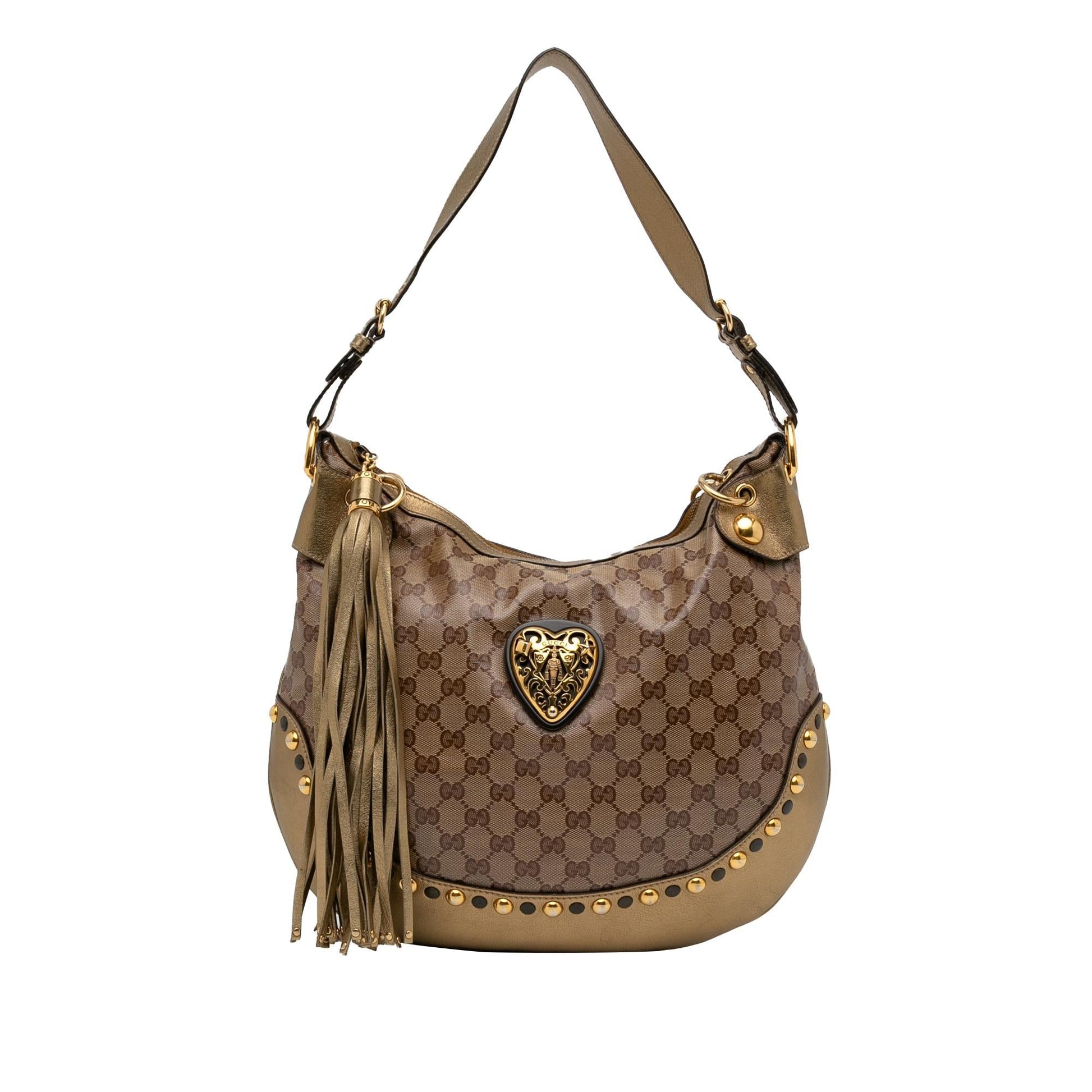 Gucci GG Crystal Babouska Heart SHG-cylFYH Canvas Calf Brown Gold Shoulder Bag
