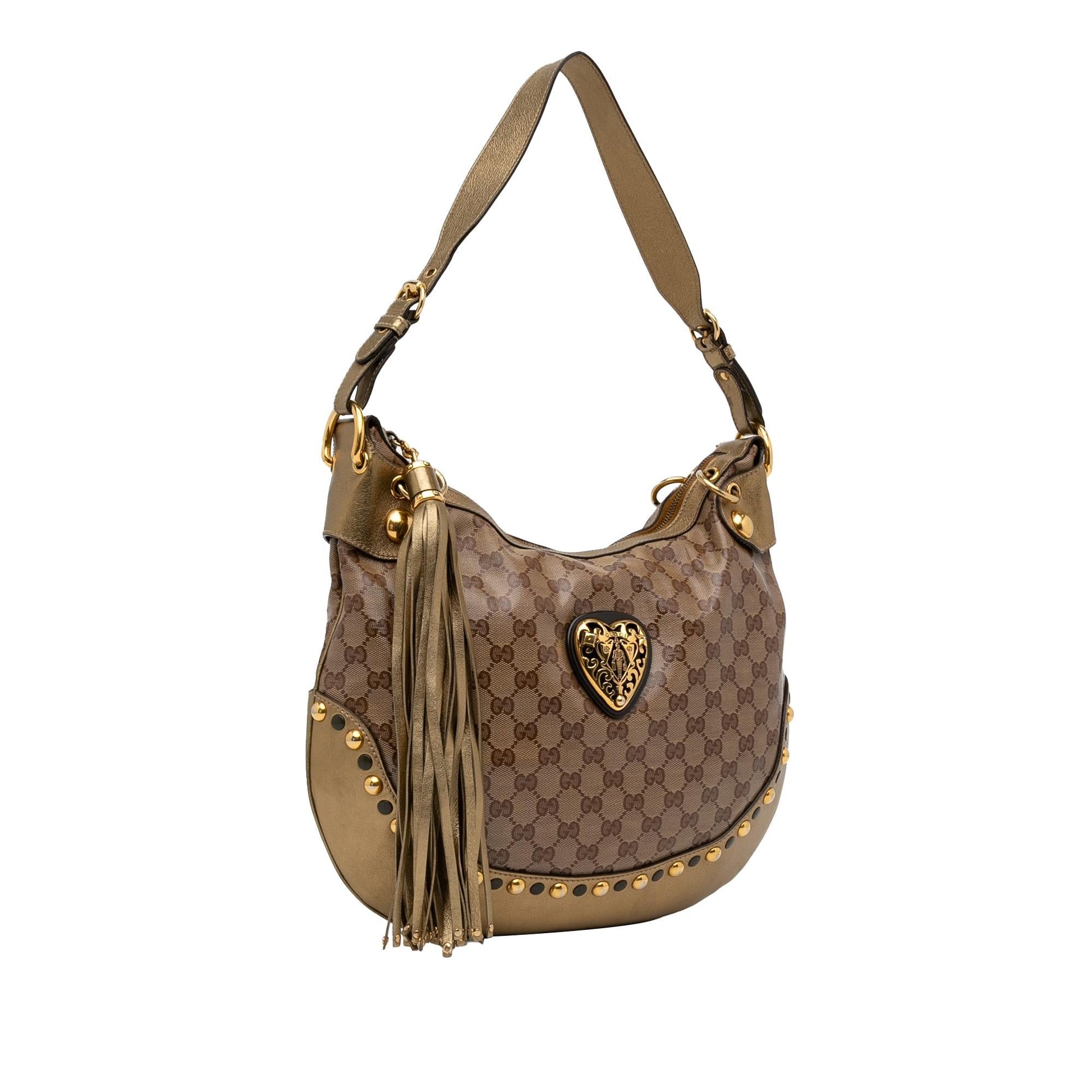 Gucci GG Crystal Babouska Heart SHG-cylFYH Canvas Calf Brown Gold Shoulder Bag