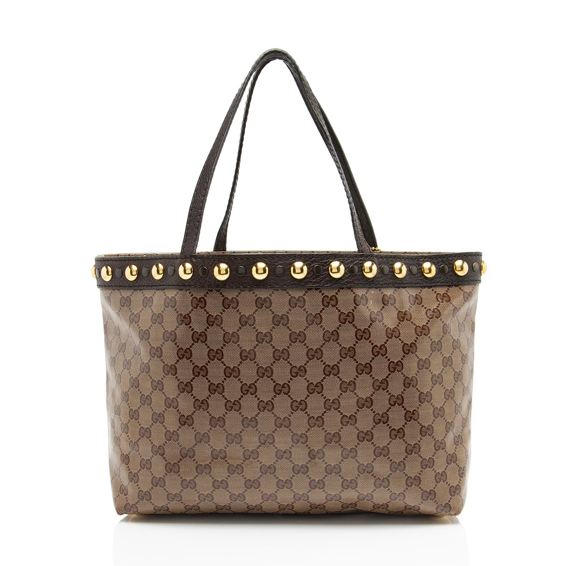 Gucci GG Crystal Babouska Leather Canvas Brown Medium Tote Bag