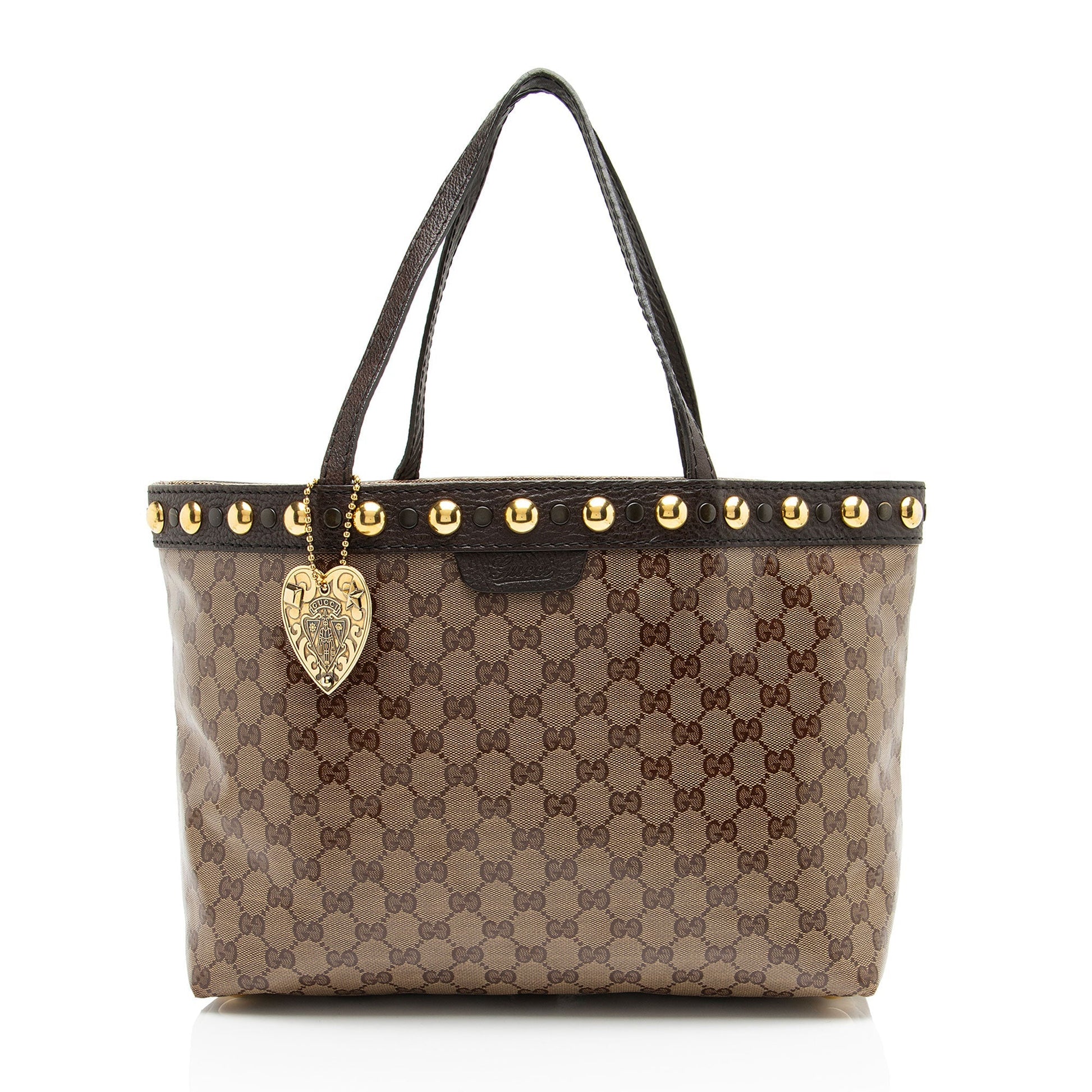 Gucci GG Crystal Babouska Leather Canvas Brown Medium Tote Bag