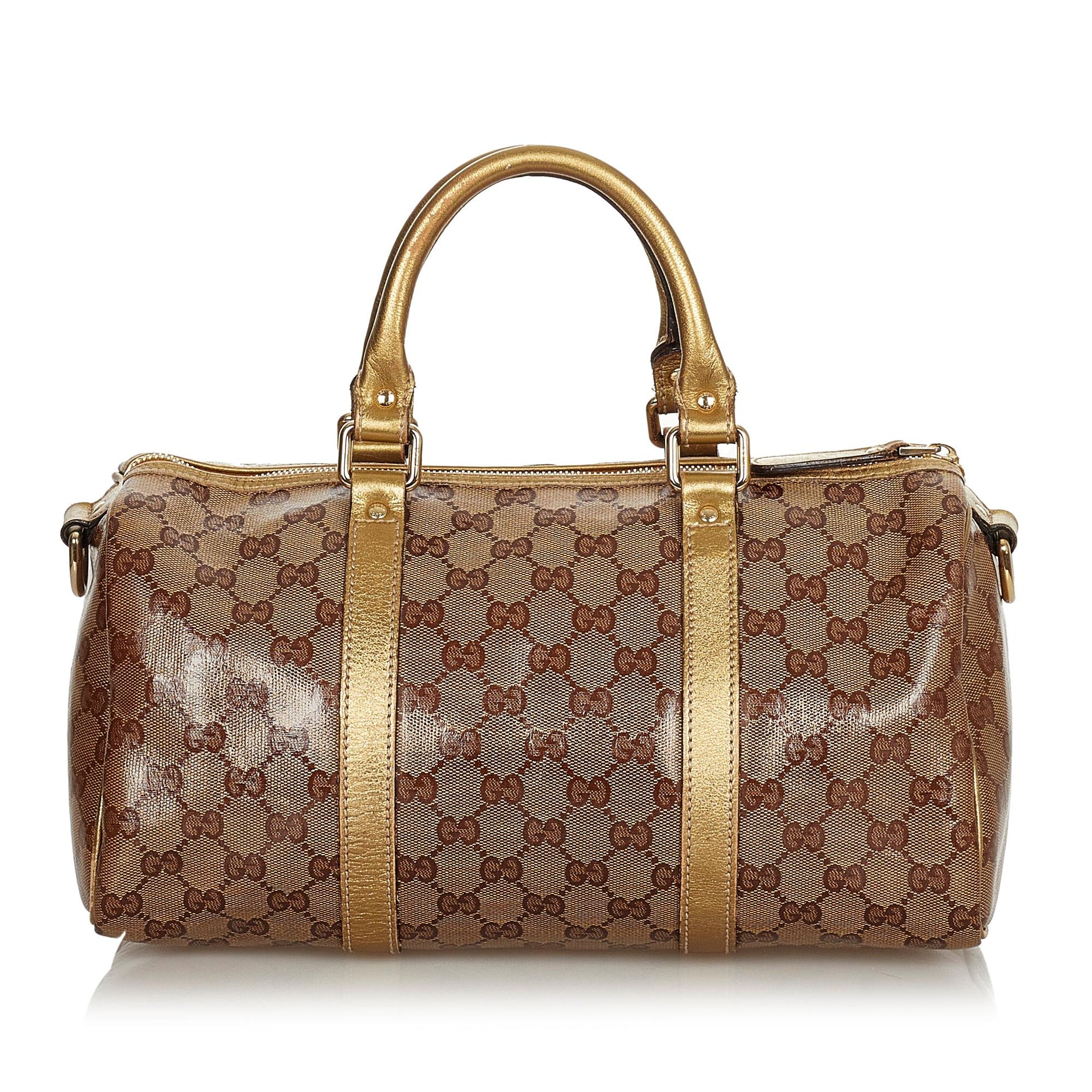 Gucci GG Crystal Boston SHG Brown Gold Satchel Bag