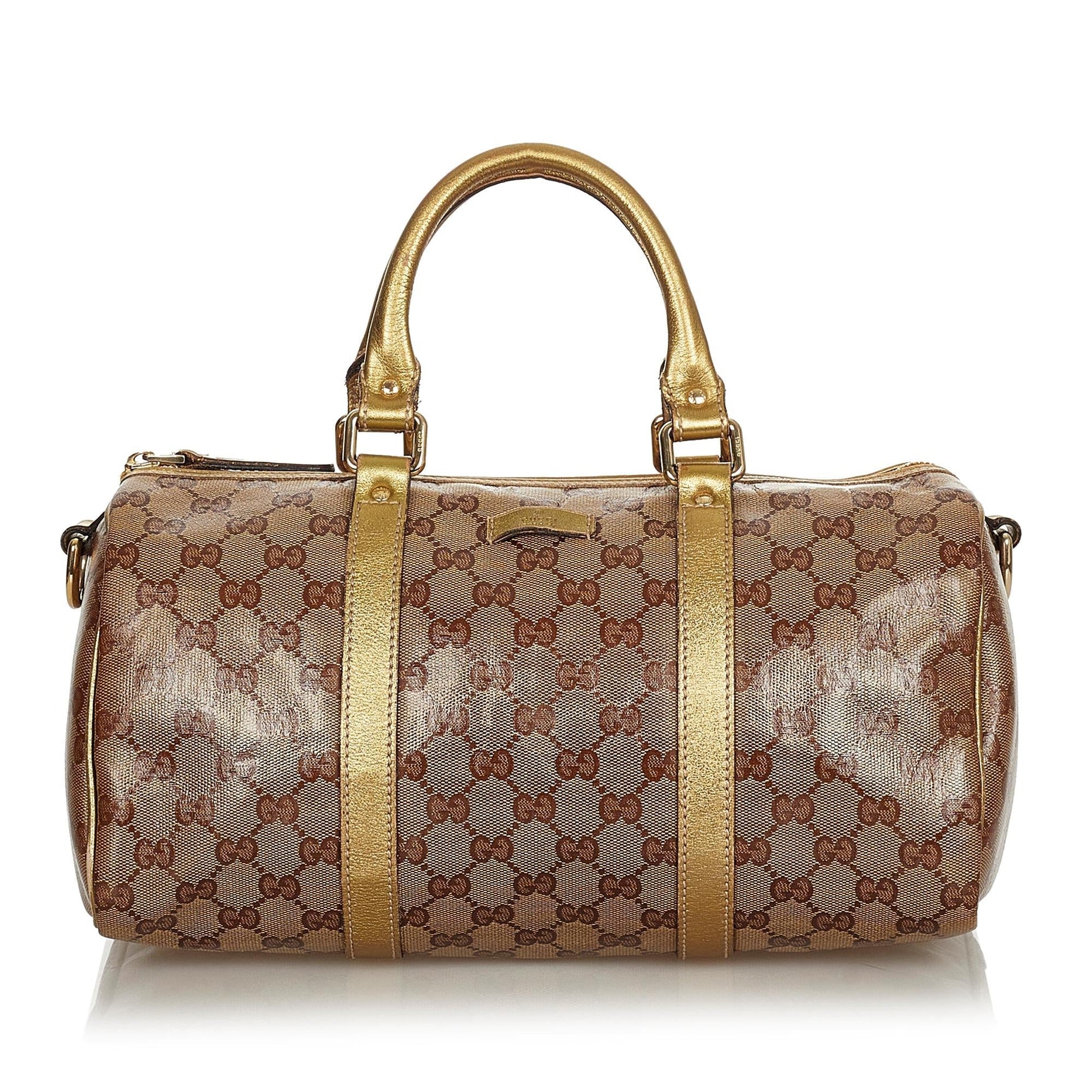 Gucci GG Crystal Boston SHG Brown Gold Satchel Bag