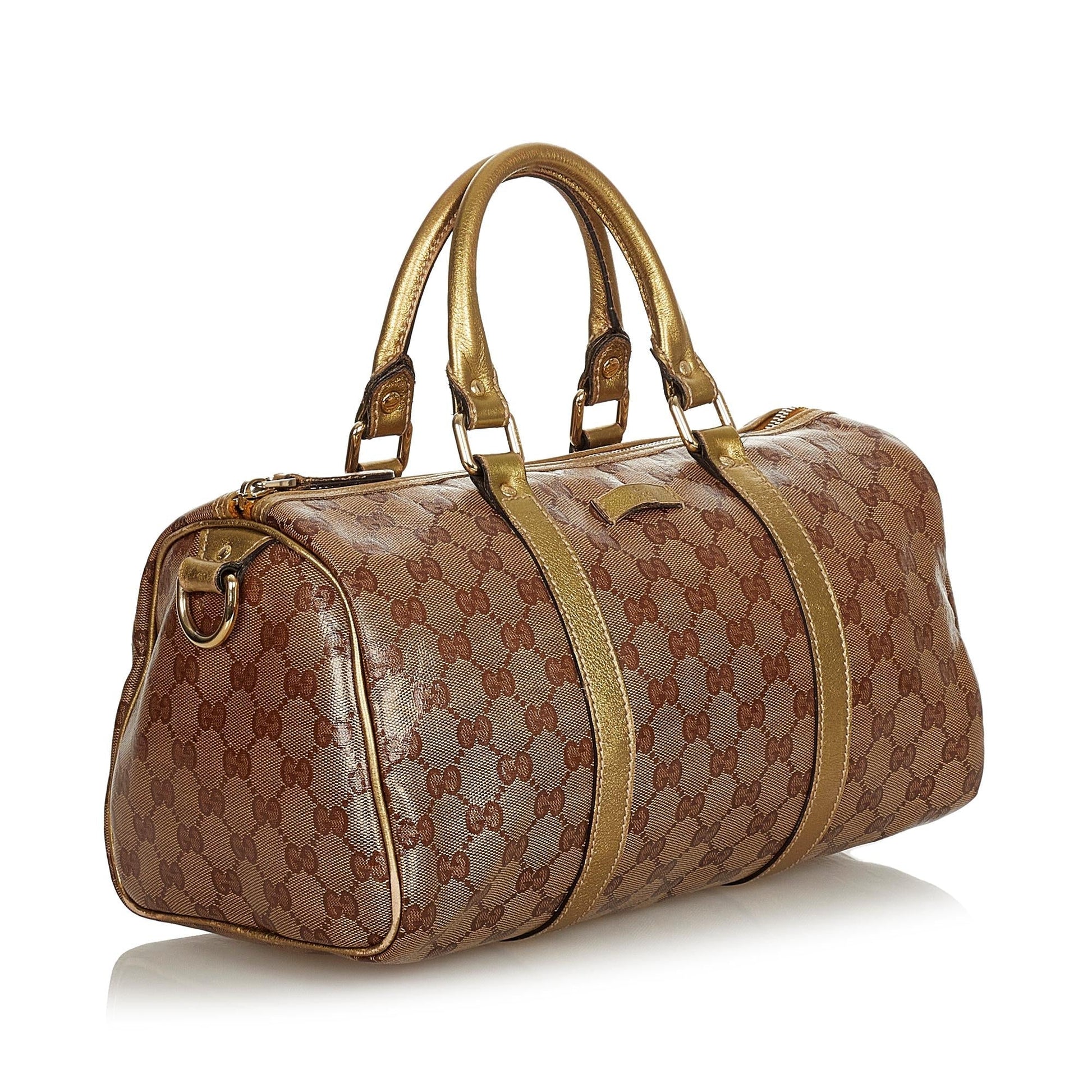 Gucci GG Crystal Boston SHG Brown Gold Satchel Bag