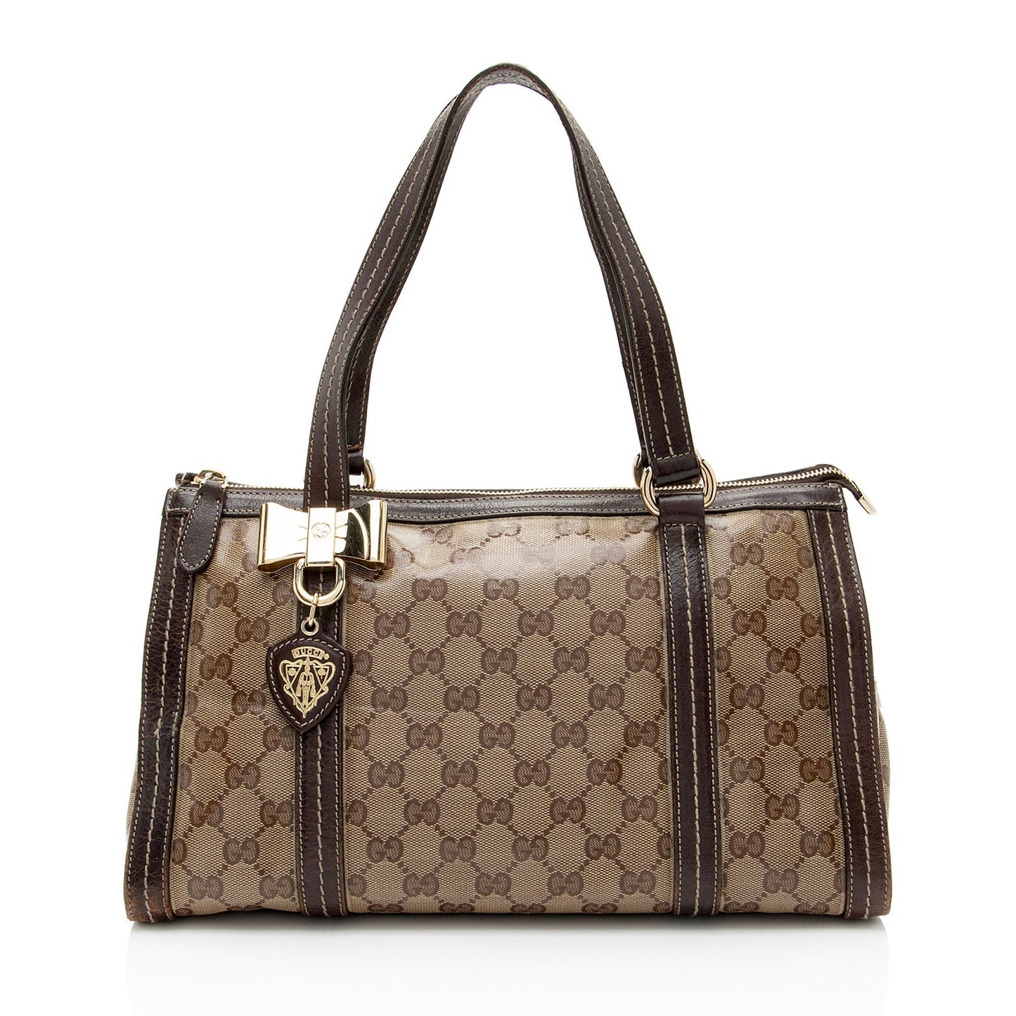 Gucci GG Crystal Duchessa Boston SHF-011vqr Leather Canvas Brown Beige Satchel Bag