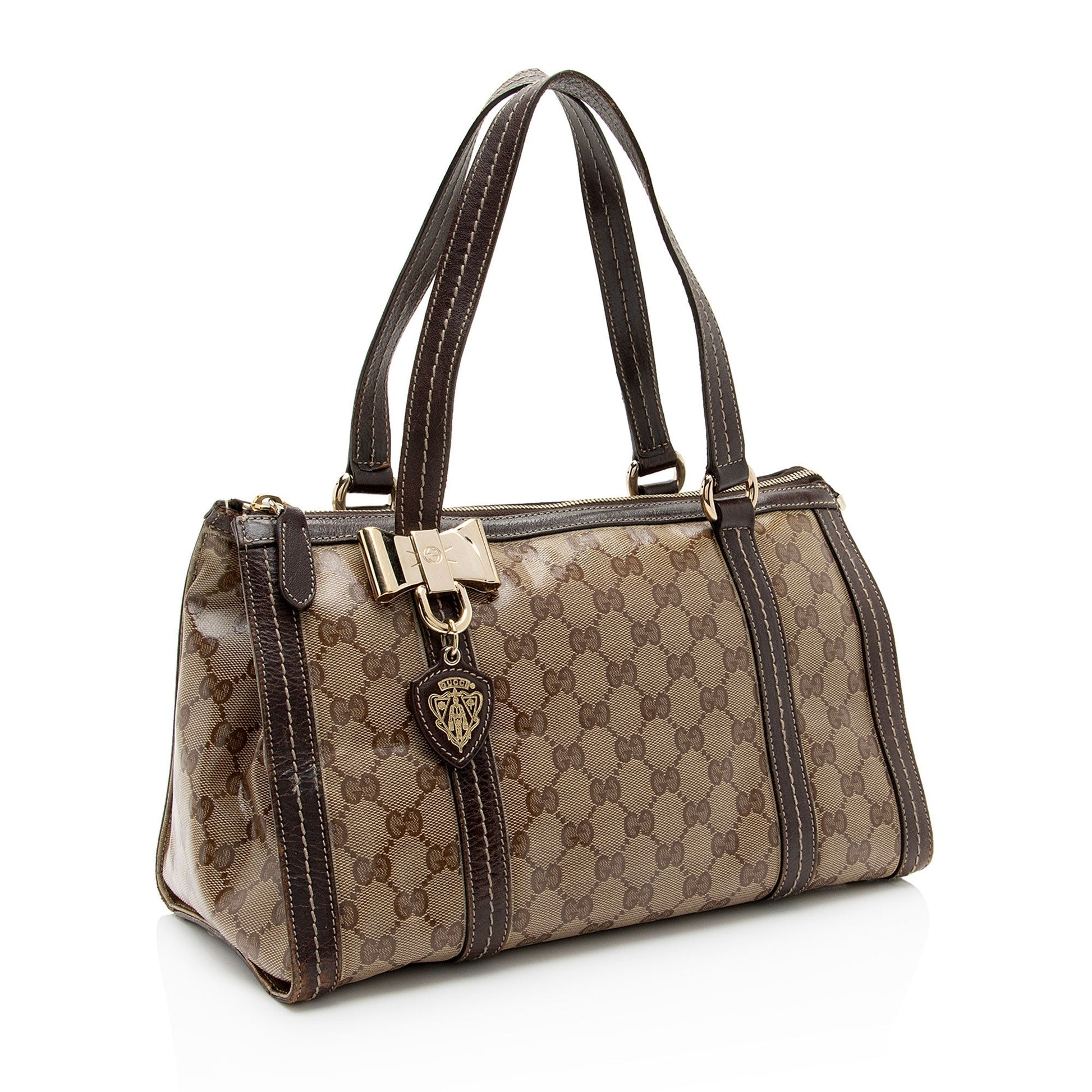 Gucci GG Crystal Duchessa Boston SHF-011vqr Leather Canvas Brown Beige Satchel Bag